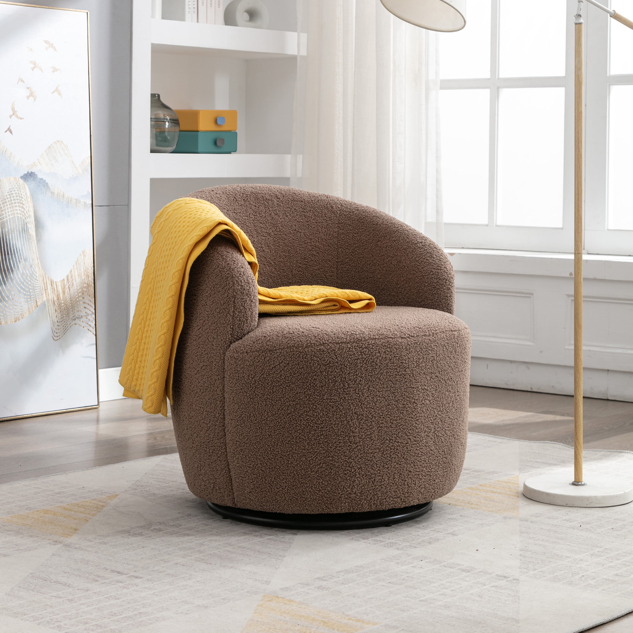 Noble House Arissa 26" Teddy Ergonomic Barrel Armchair, Swivel Reading Chair with Metal Base for Living Room, Coffee