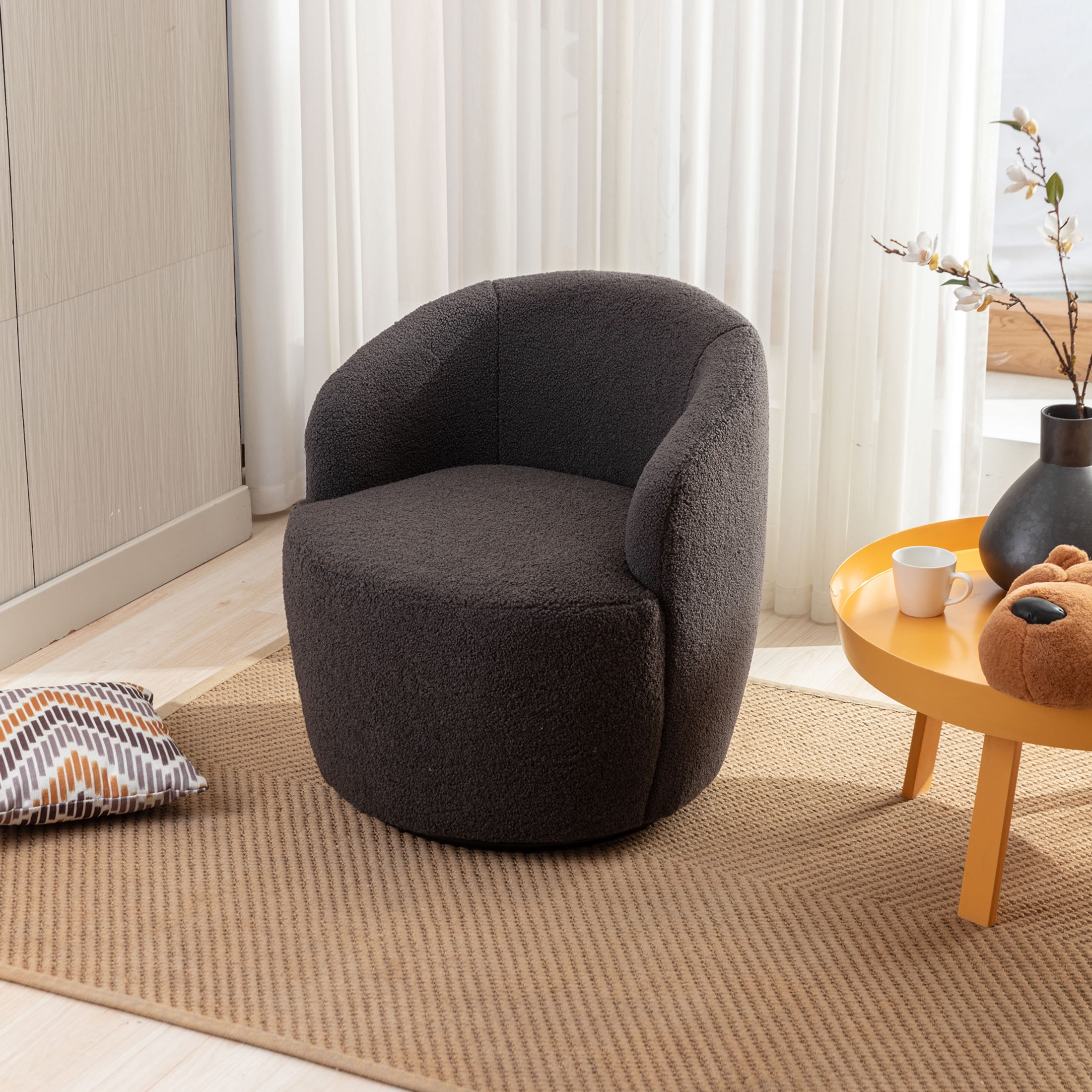 Noble House Arissa 26" Teddy Ergonomic Barrel Armchair, Swivel Reading Chair with Metal Base for Living Room, Dark Gray