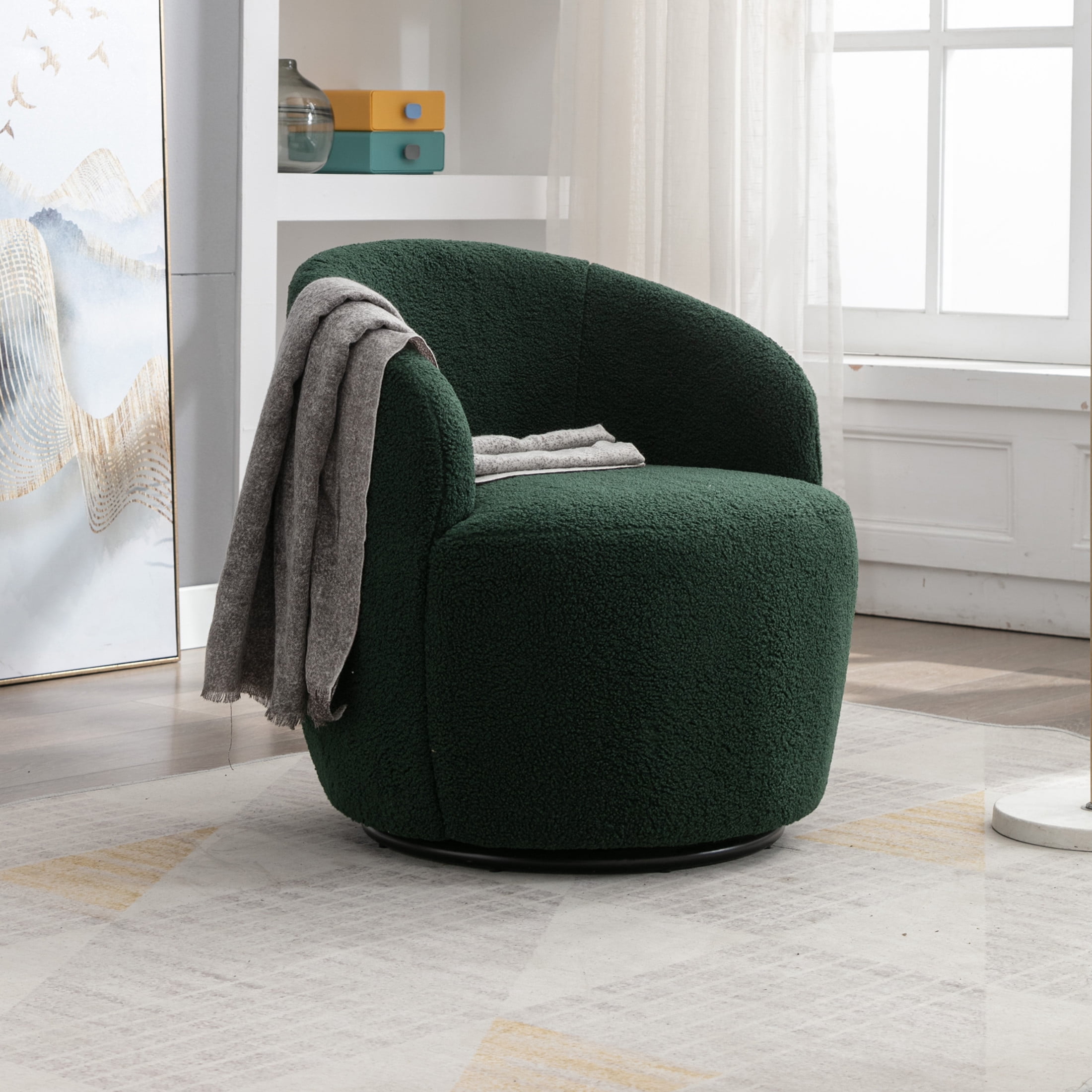 Noble House Arissa 26" Teddy Ergonomic Barrel Armchair, Swivel Reading Chair with Metal Base for Living Room, Dark Green