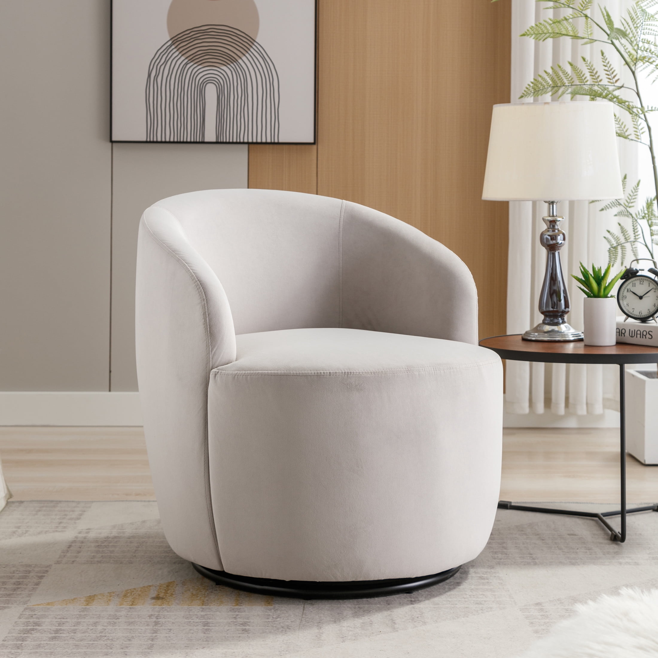 Noble House Arissa 26" Velvet Ergonomic Barrel Armchair, Swivel Reading Chair with Metal Base for Living Room, Gray