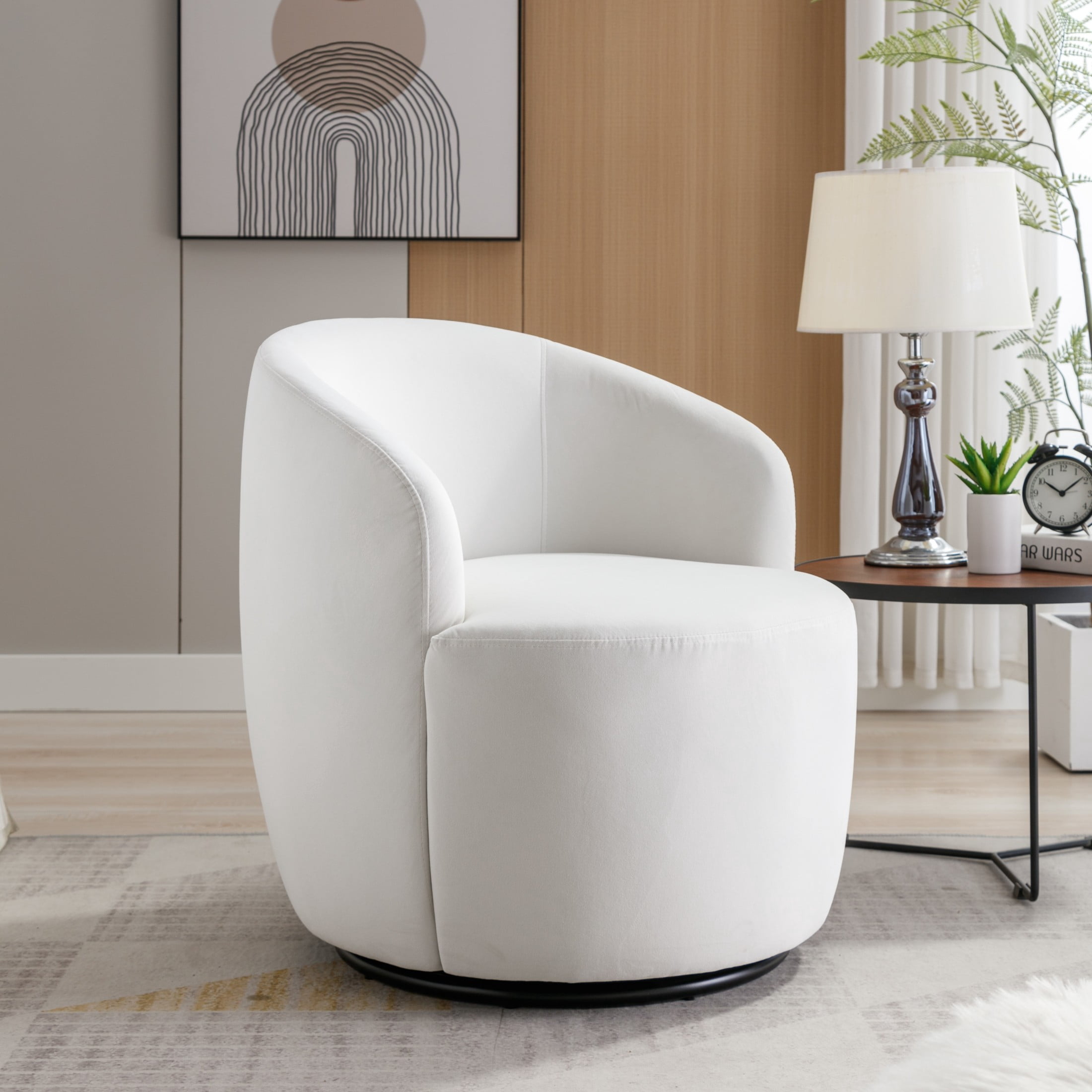 Noble House Arissa 26" Velvet Ergonomic Barrel Armchair, Swivel Reading Chair with Metal Base for Living Room, White