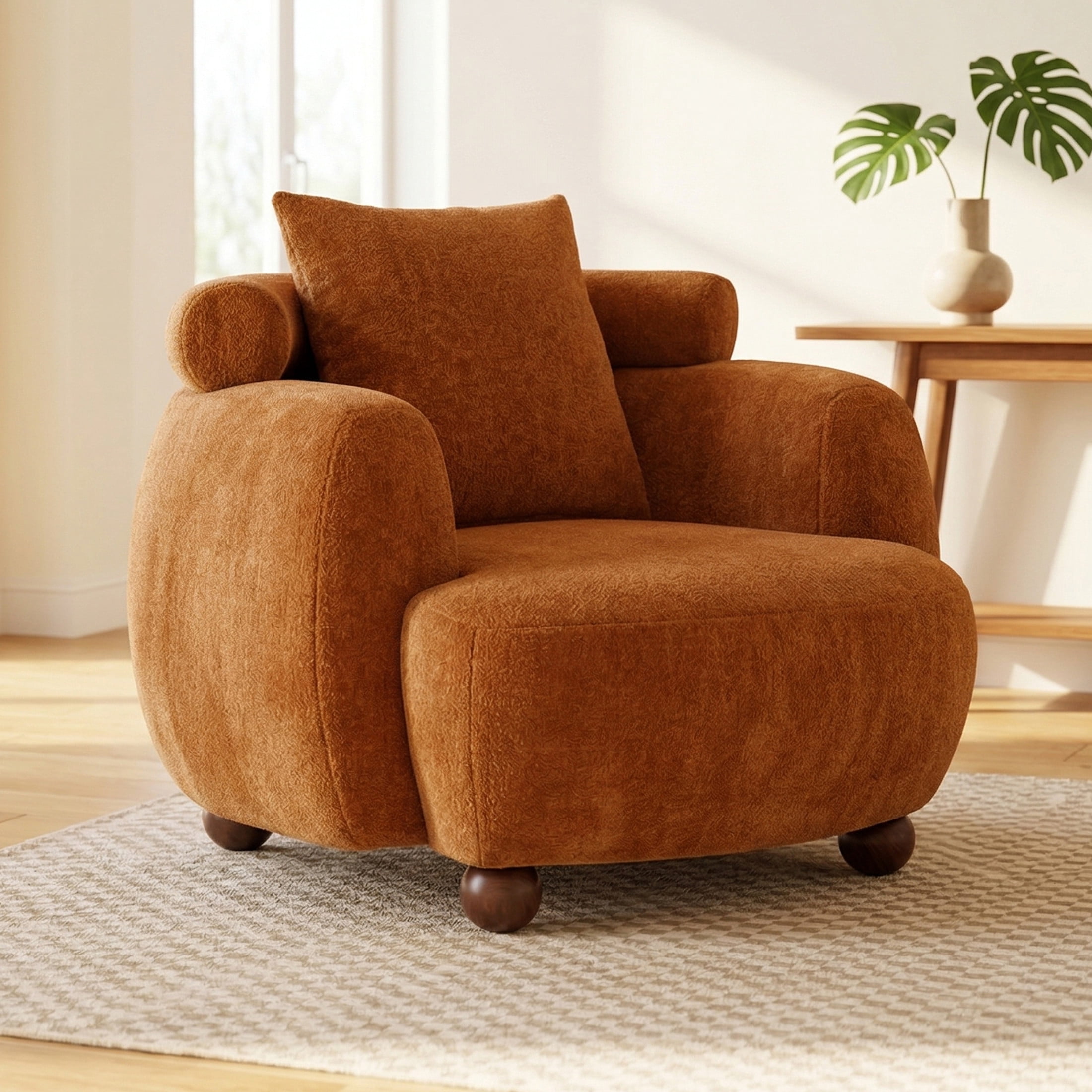 Noble House Arlais 38" Nordic Style Lazy Club Chair, Upholstered Chenille Bucket Accent Sofa with Pillows, Caramel