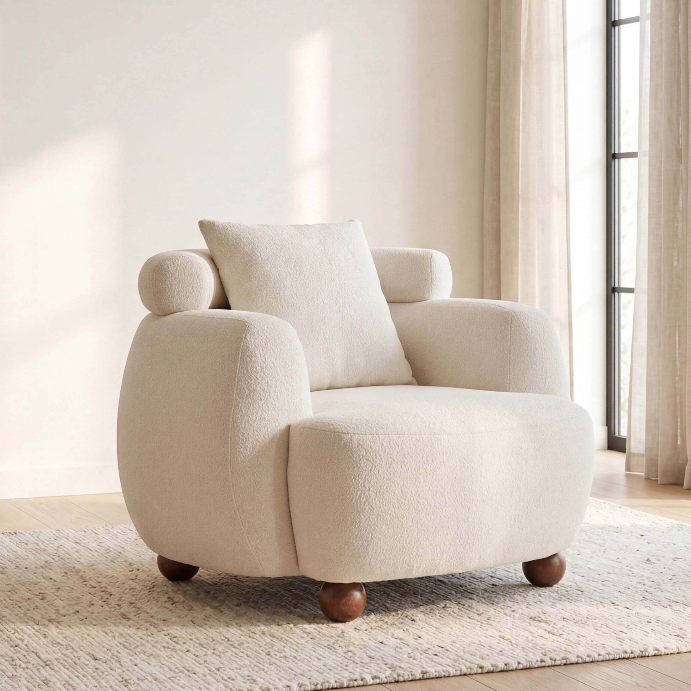 Noble House Arlais 38" Nordic Style Lazy Club Chair, Upholstered Chenille Bucket Accent Sofa with Pillows, White