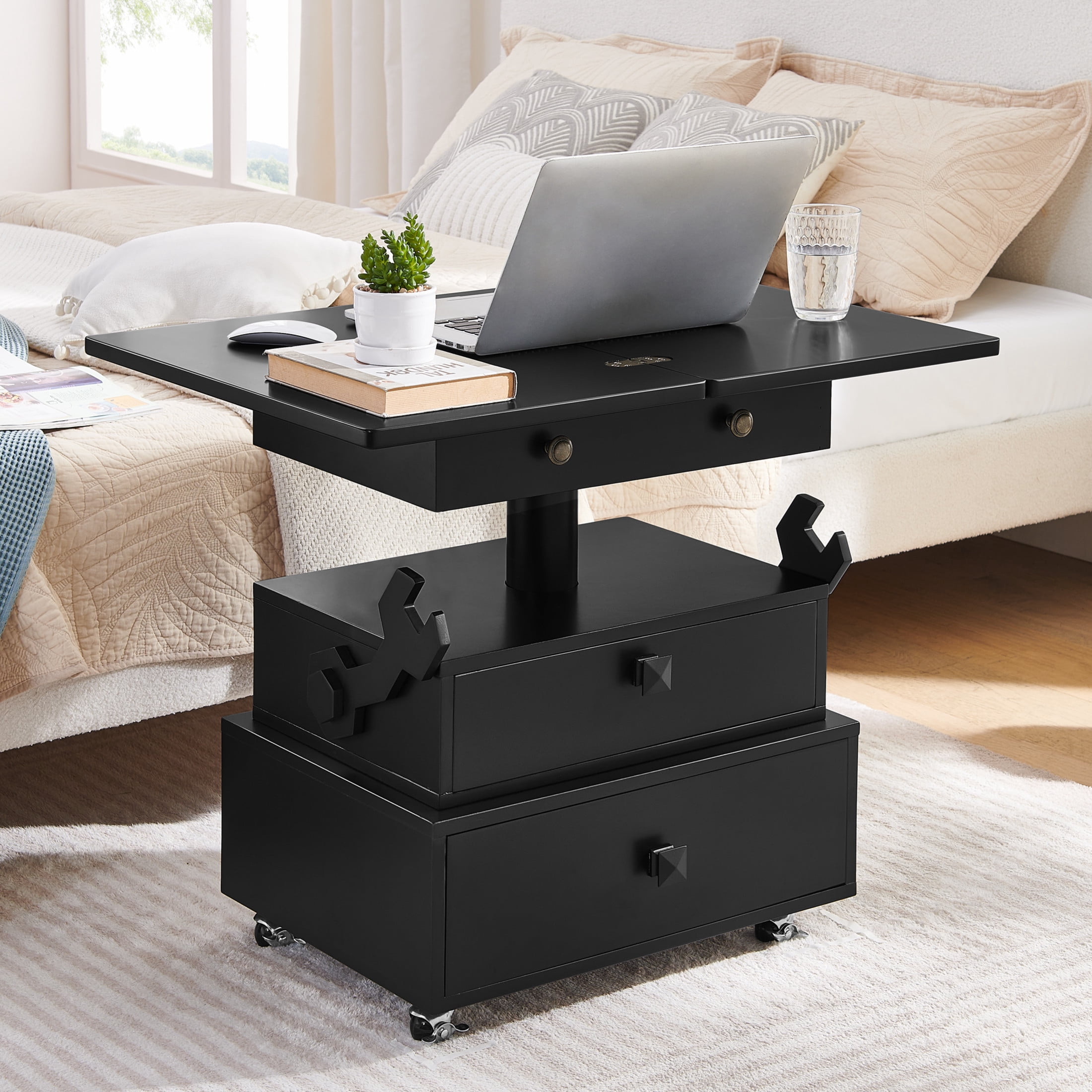 Noble House Arlais Adjustable Height Rolling End Table, High Gloss Lift Top Side Table with Charging Station, Black
