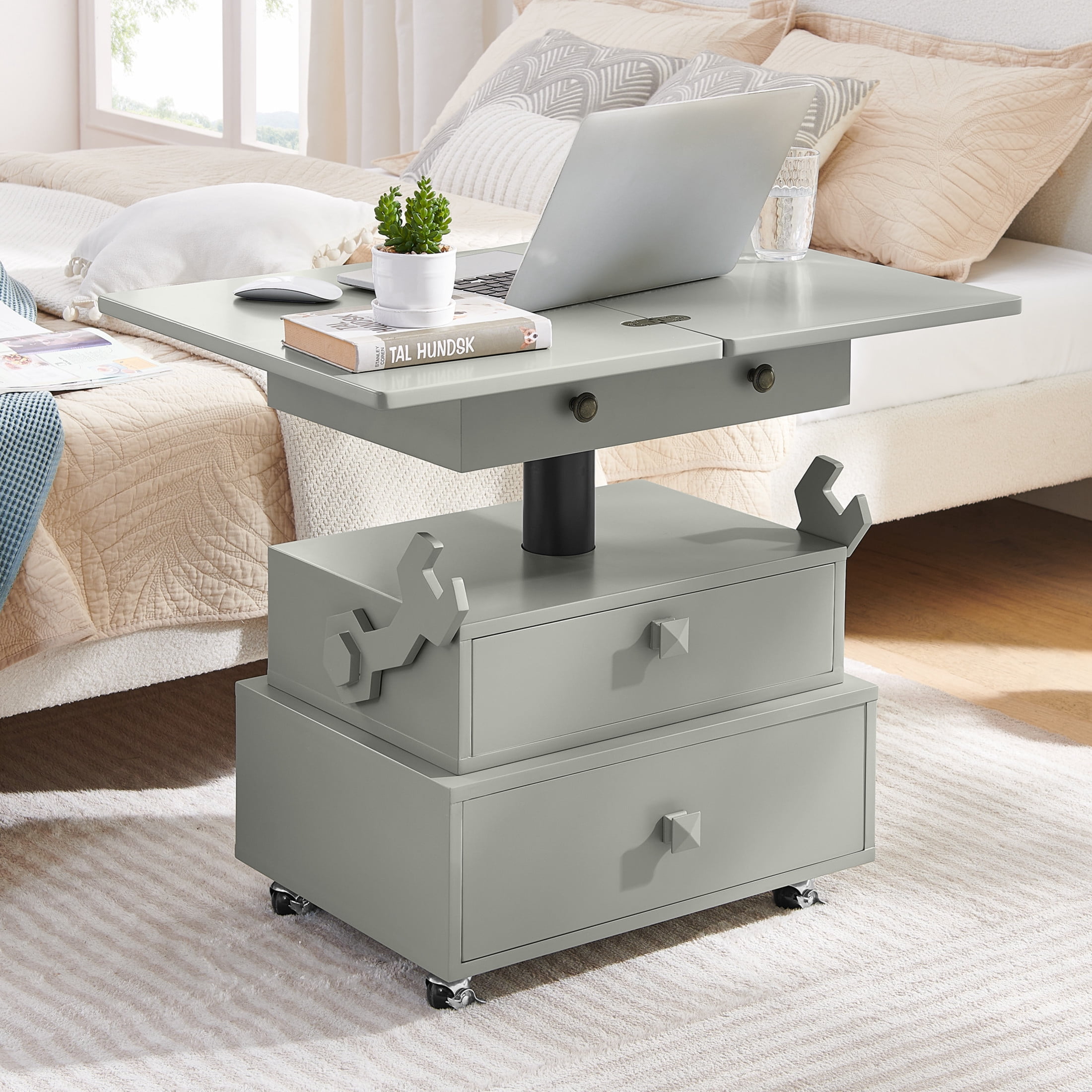 Noble House Arlais Adjustable Height Rolling End Table, High Gloss Lift Top Side Table with Charging Station, Gray