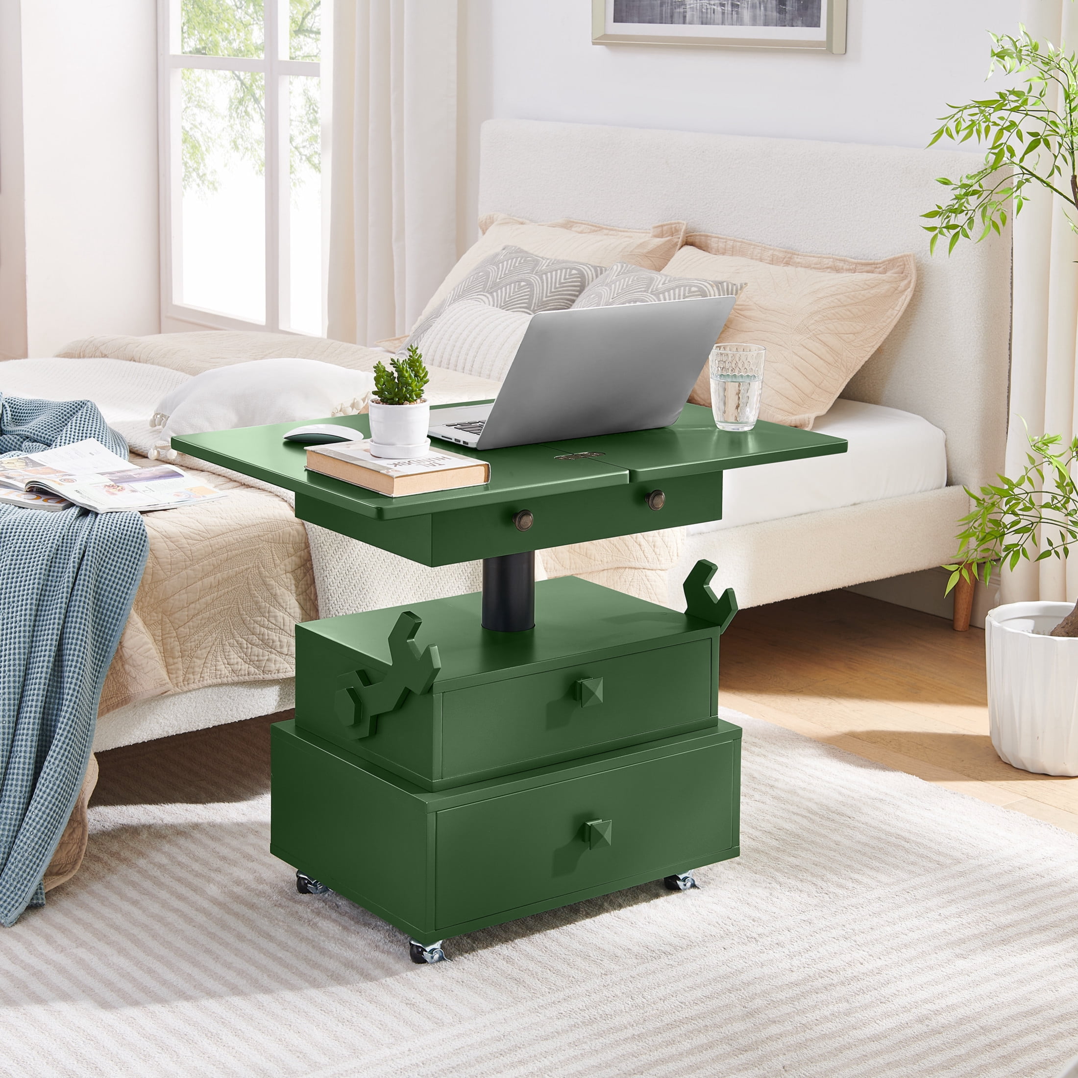 Noble House Arlais Adjustable Height Rolling End Table, High Gloss Lift Top Side Table with Charging Station, Green