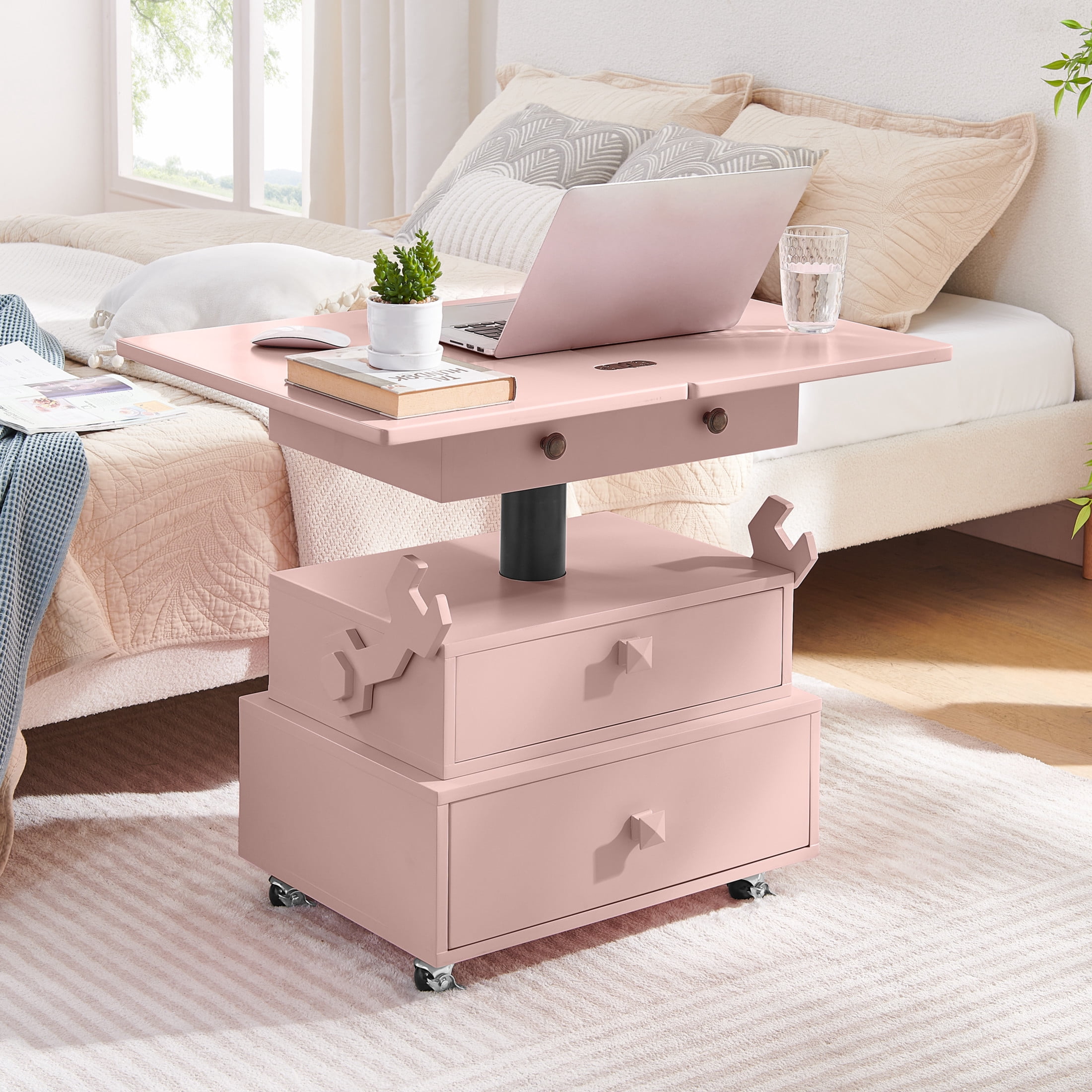 Noble House Arlais Adjustable Height Rolling End Table, High Gloss Lift Top Side Table with Charging Station, Pink