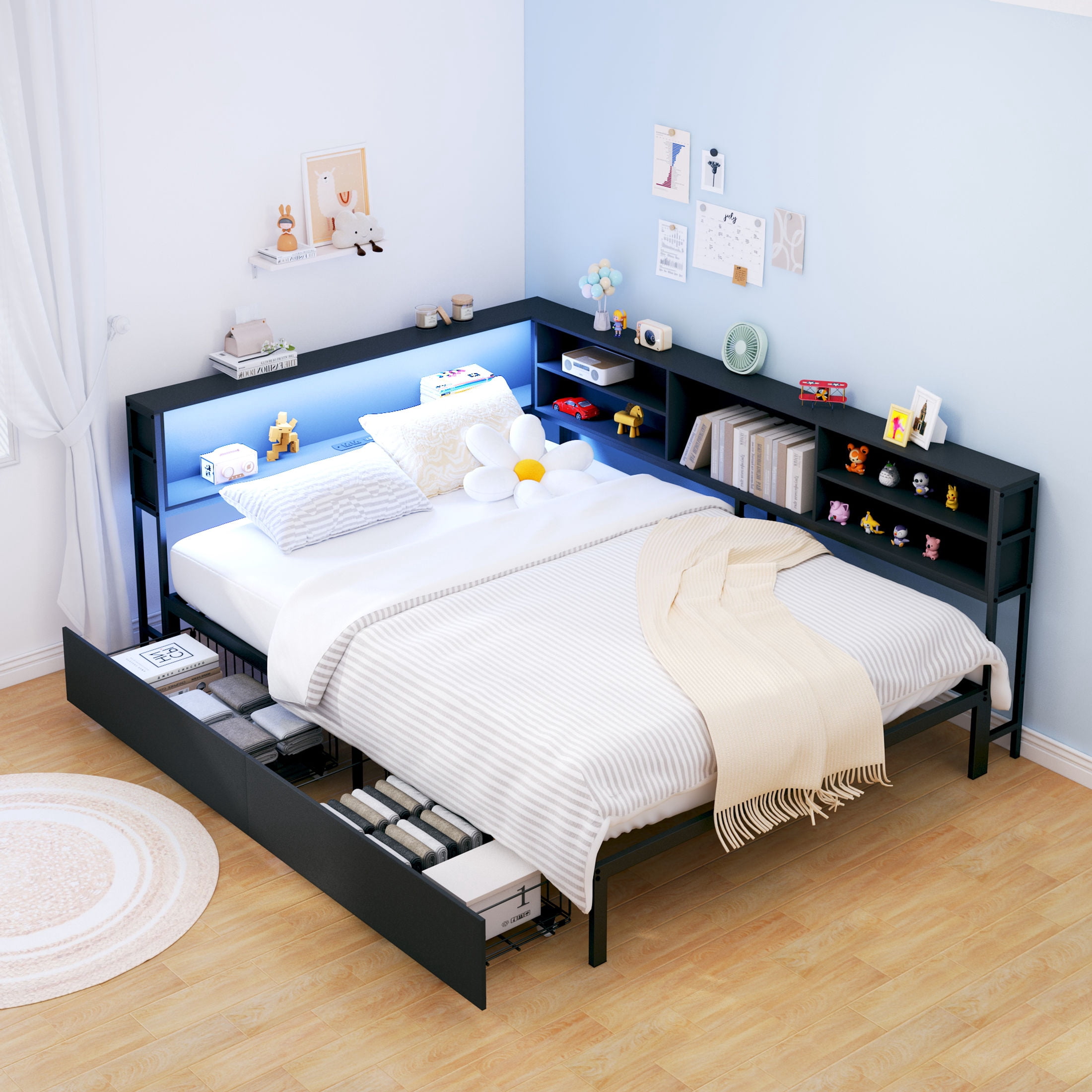 Noble House Arlais Full Corner Daybed with Bookcase Headboard, Storage Drawers, LED Light & Charging Station, Black