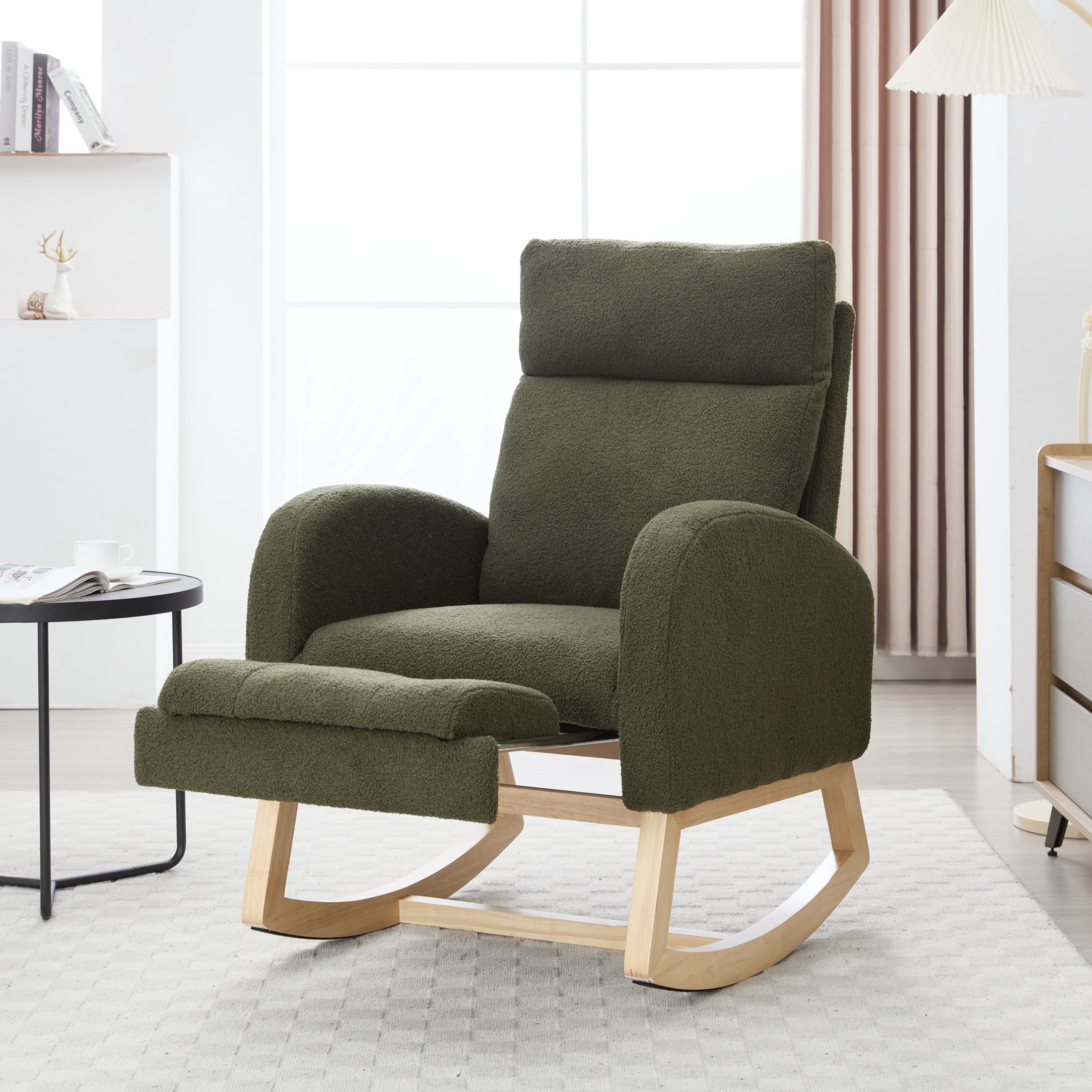 Noble House Arlais Teddy Nursery Rocking Chair with Adjustable Footrest, Comfortable Accent Glider Daybed, Green