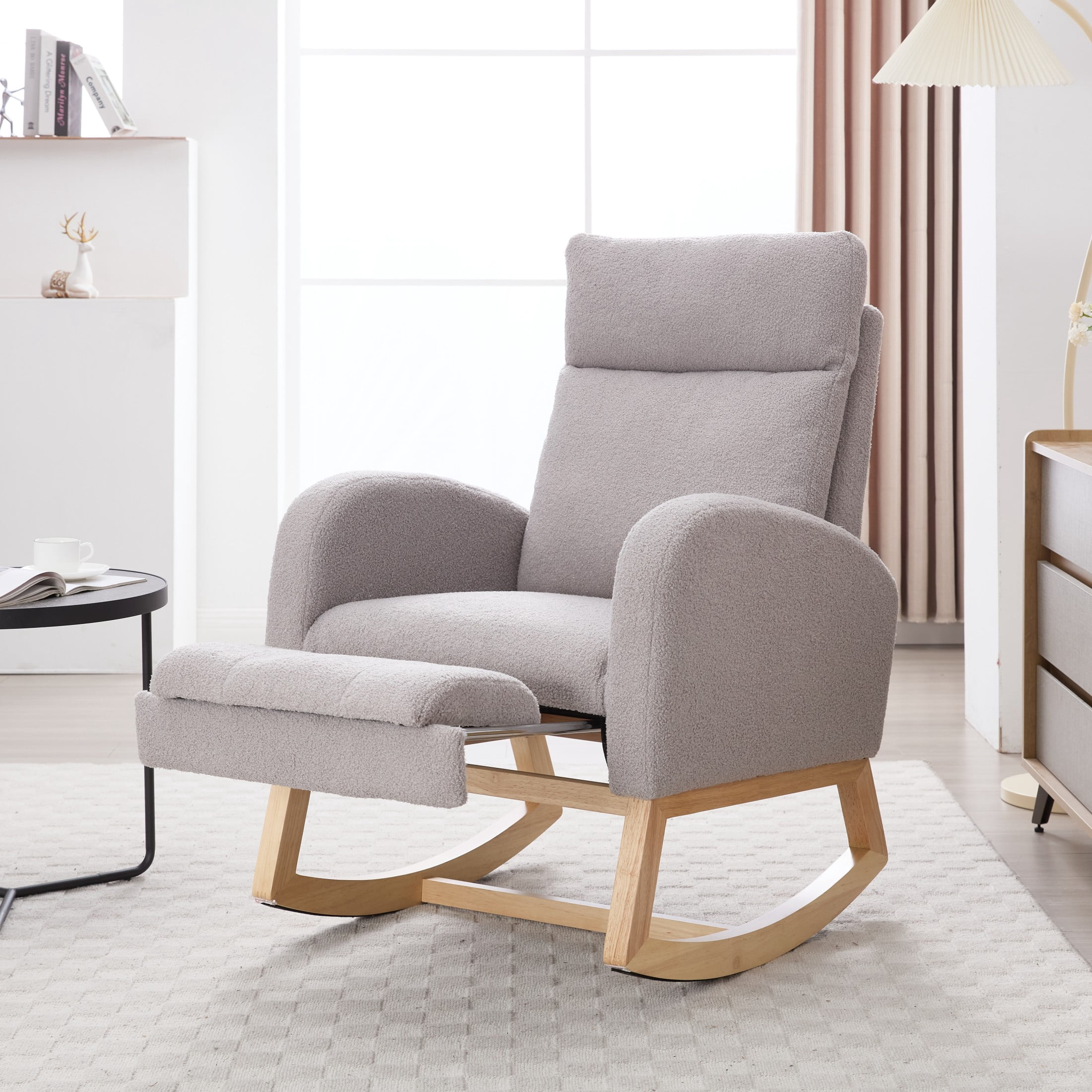 Noble House Arlais Teddy Nursery Rocking Chair with Adjustable Footrest, Comfortable Accent Glider Daybed, Light Gray