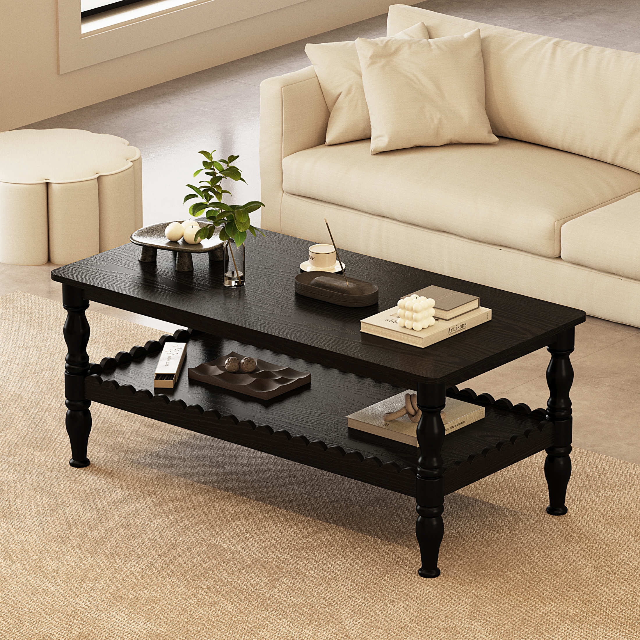 Noble House Arlen 43.3" Rectangular Farmhouse 2-Tier Wooden Coffee Table with Wave-Edge Shelf, Antique Black