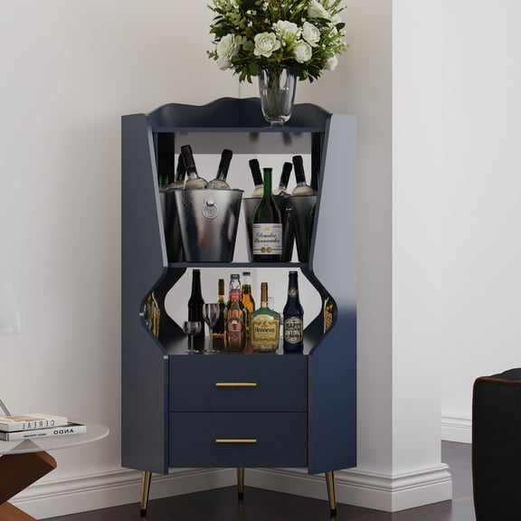 Noble House Arley 50" Wooden Corner Bar Cabinet, Mirrored Back Display Sideboard, Drawers and Open Shelves, Blue