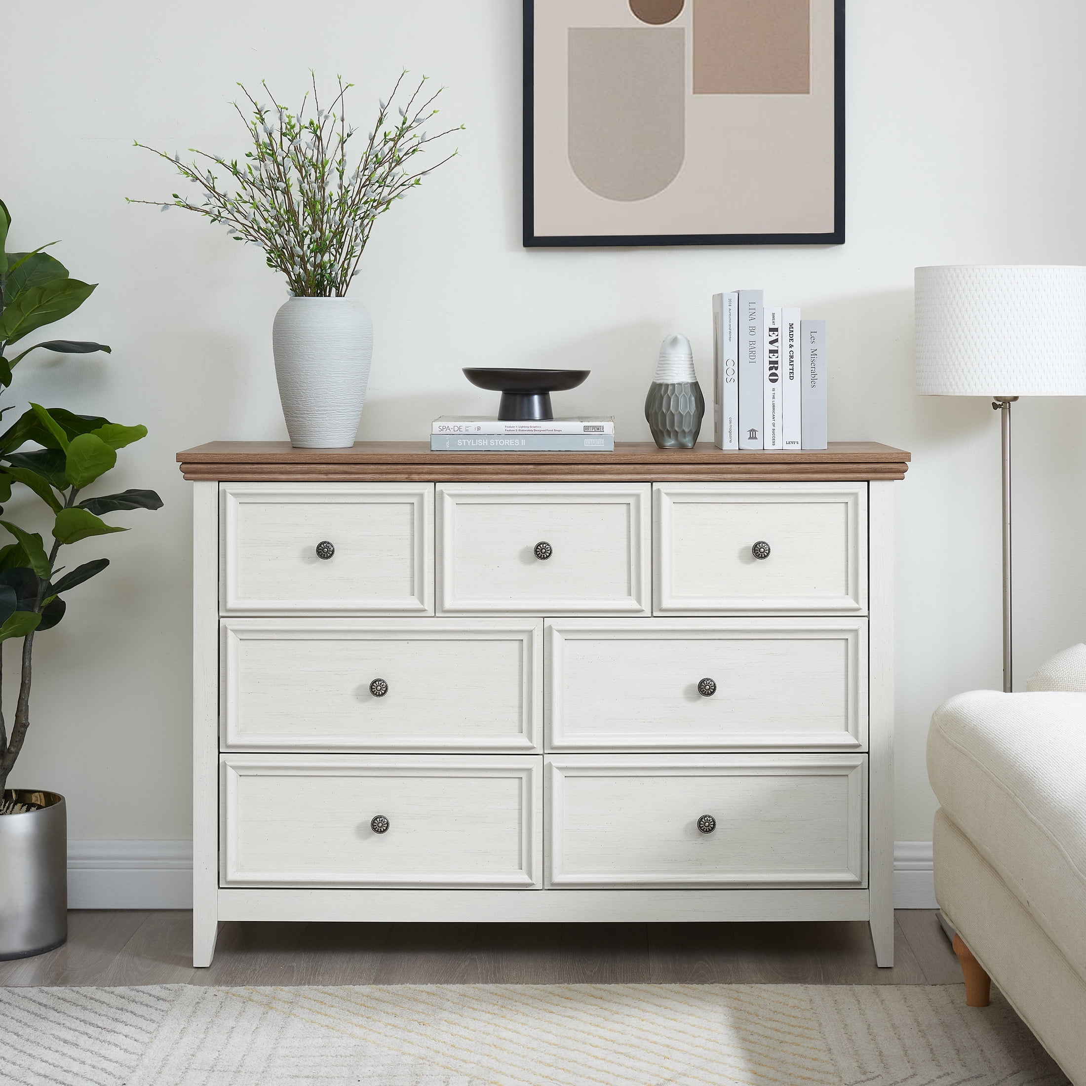 Noble House Arley 7-Drawer Dresser, Modern Farmhouse Wide Chest Organizer for Clothes Storage, for Living Room, Beige