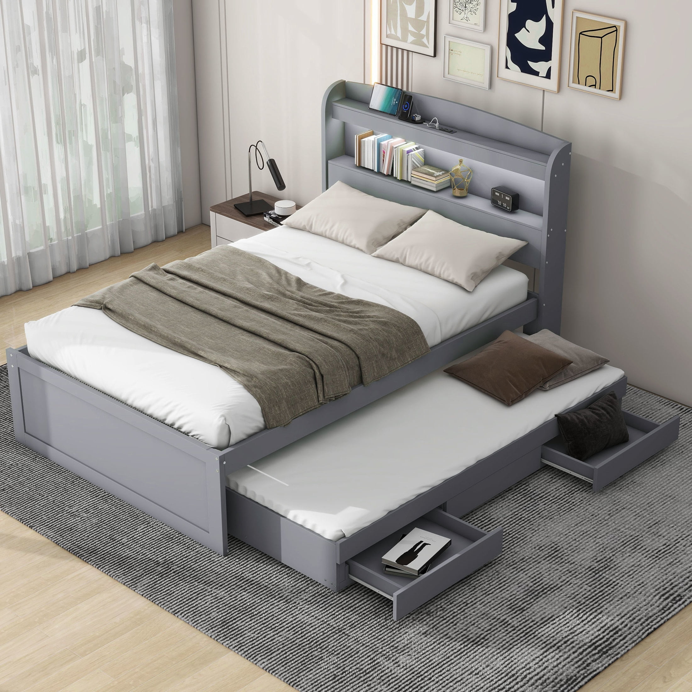 Noble House Arley Twin XL Platform Bed with LED Storage Headboard, Charging Station and Integrated Trundle, Gray