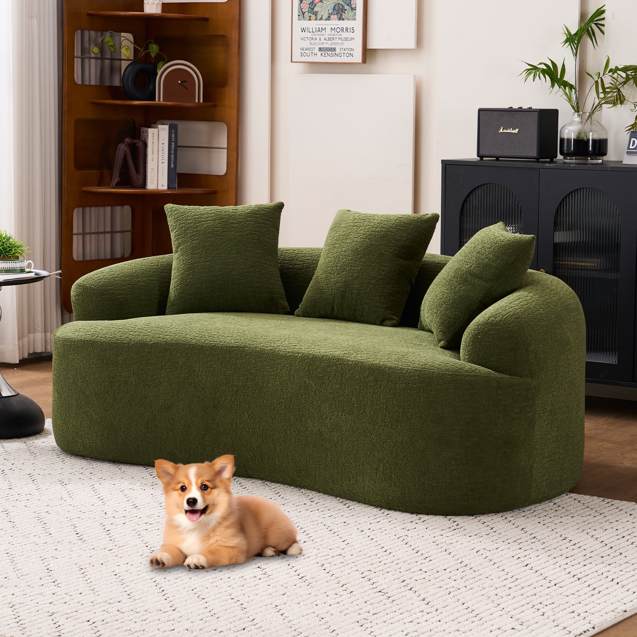 Noble House Arlyn 65" Curved Loveseat Sofa with Pillows, Chenille Compact Compression Couch for Small Spaces, Green