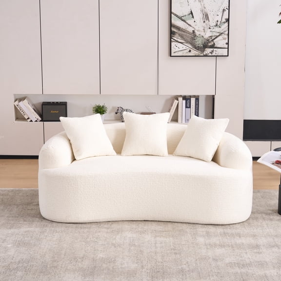 Noble House Arlyn 65" Curved Loveseat Sofa with Pillows, Chenille Compact Compression Couch for Small Spaces, White