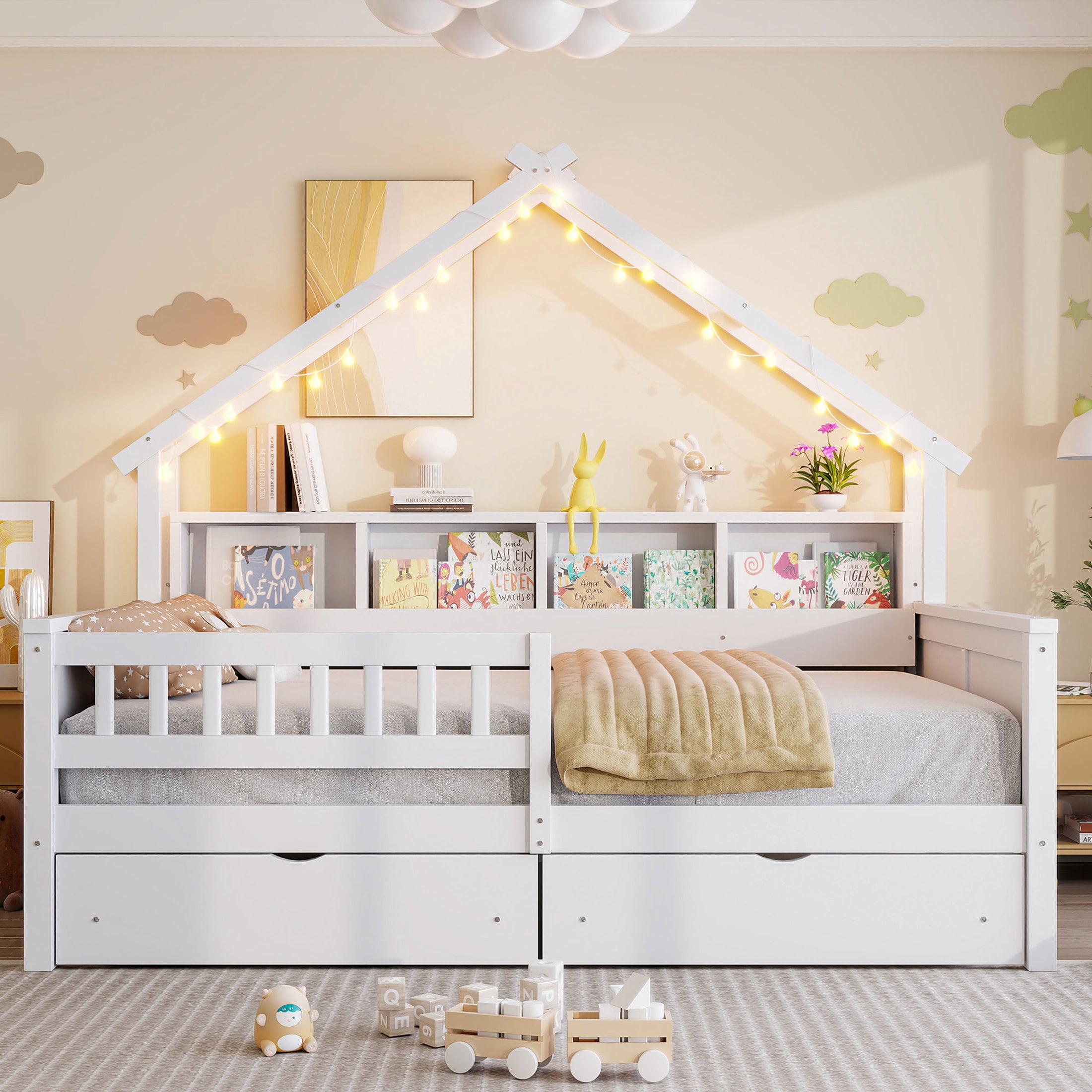 Noble House Arlyn Full House Bed with LED Lights, Storage Shelves and Integrated Drawers, Wood Playhouse Bed, White