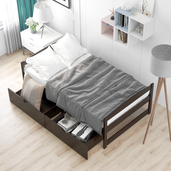 Noble House Arlyn Twin Size Pine Wood Platform Bed with Two Storage Drawers, Minimalist Bed Frame, Espresso
