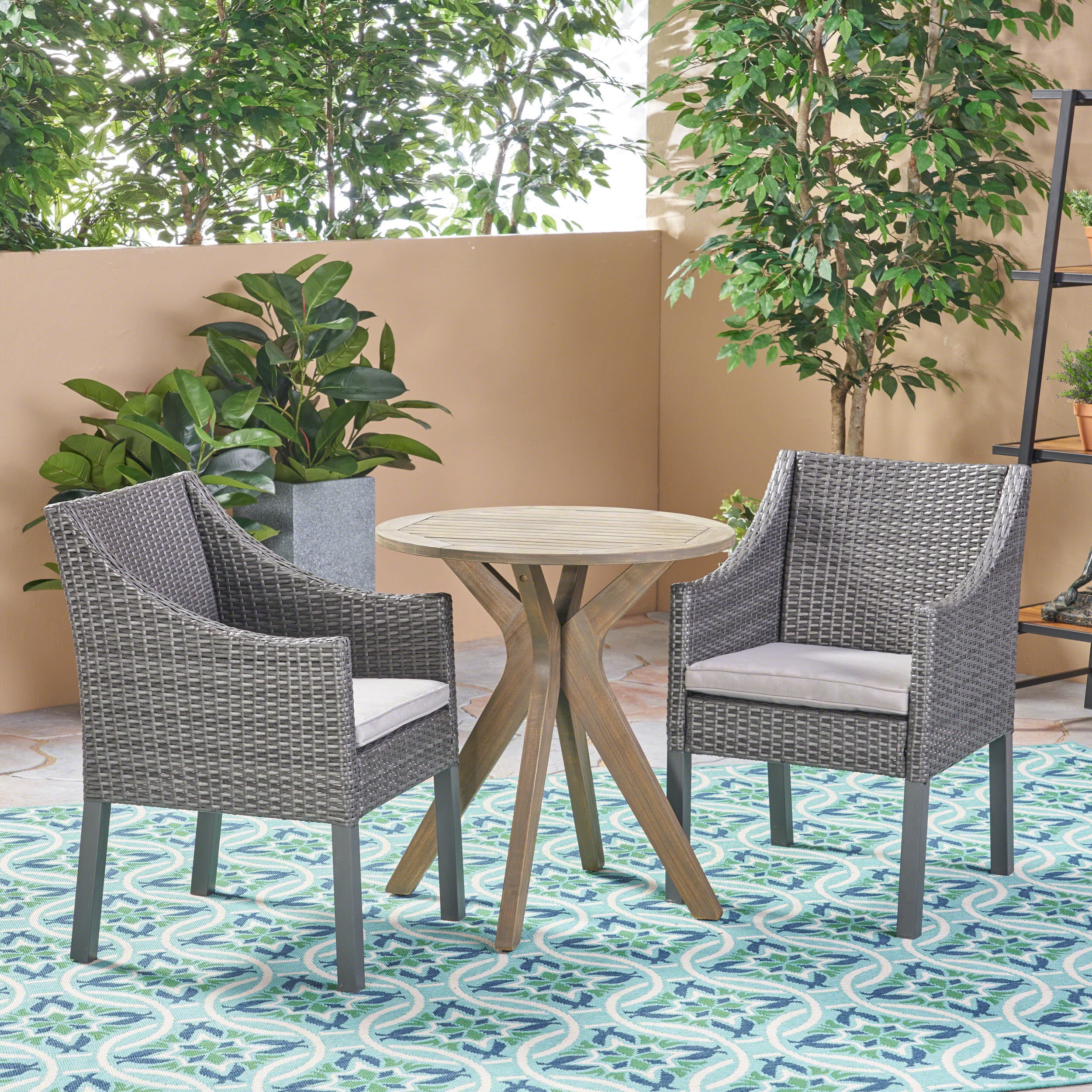 Lilyana Outdoor 3 Piece Wood and Wicker Bistro Set with Cushions, Gray, Gray, Silver
