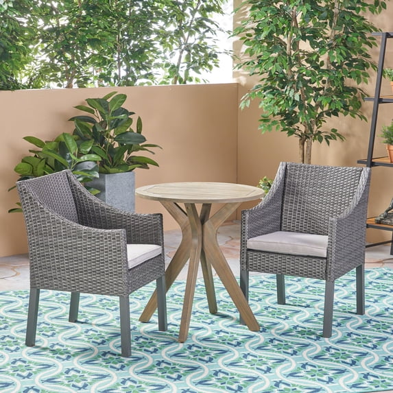 Lilyana Outdoor 3 Piece Wood and Wicker Bistro Set with Cushions, Gray, Gray, Silver