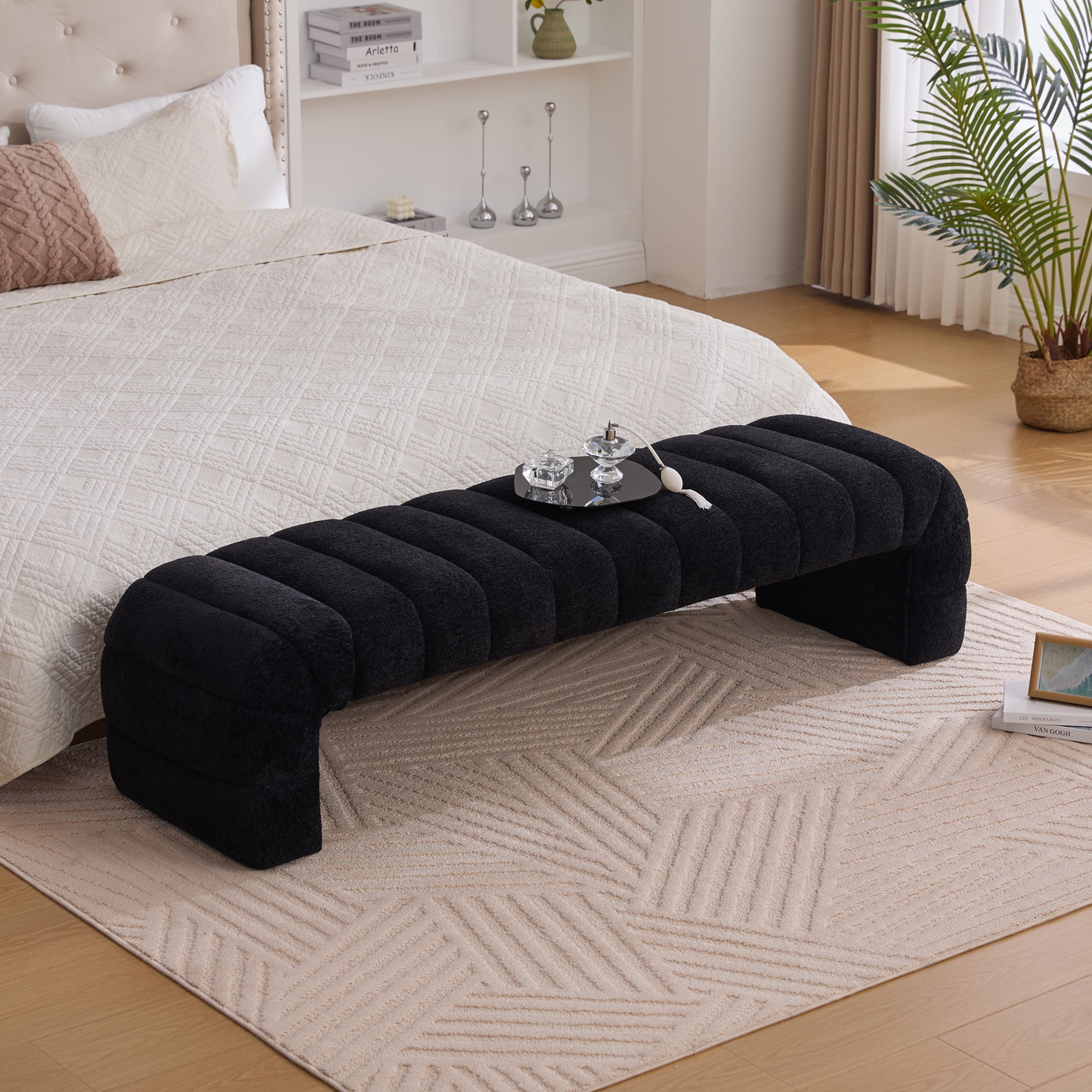 Noble House Arshore 69.7" Chenille Armless Bed Bench, Channel Tufted Daybed Chaise for Bedroom & Living Room, Black