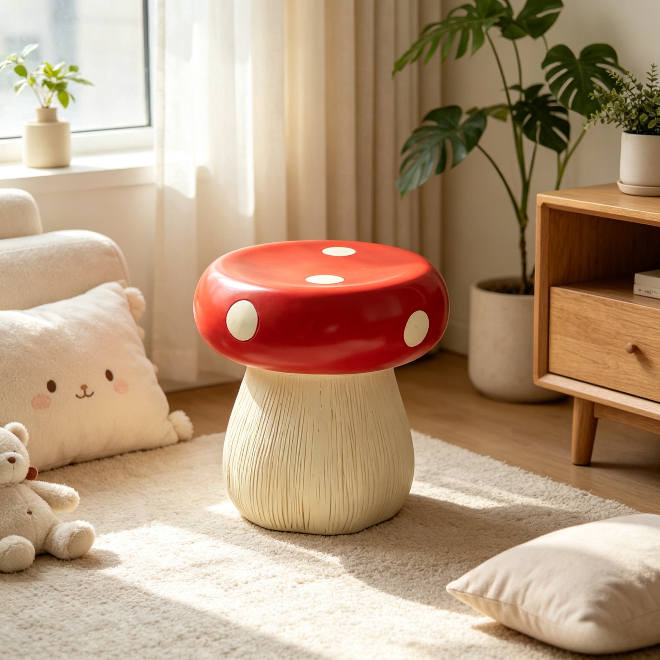 Noble House Art Mushroom Stool, Cute Fairy Decorative Statue, Outdoor Creative Figurine Seat for Patio, Garden, Red