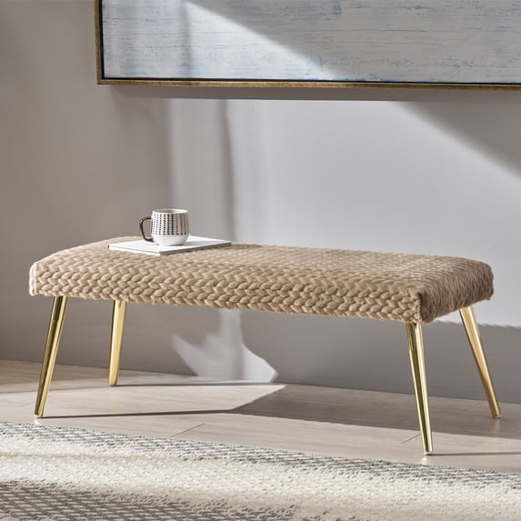 Noble House Arthur Patterned Faux Fur Bench, Taupe and Gold Finish