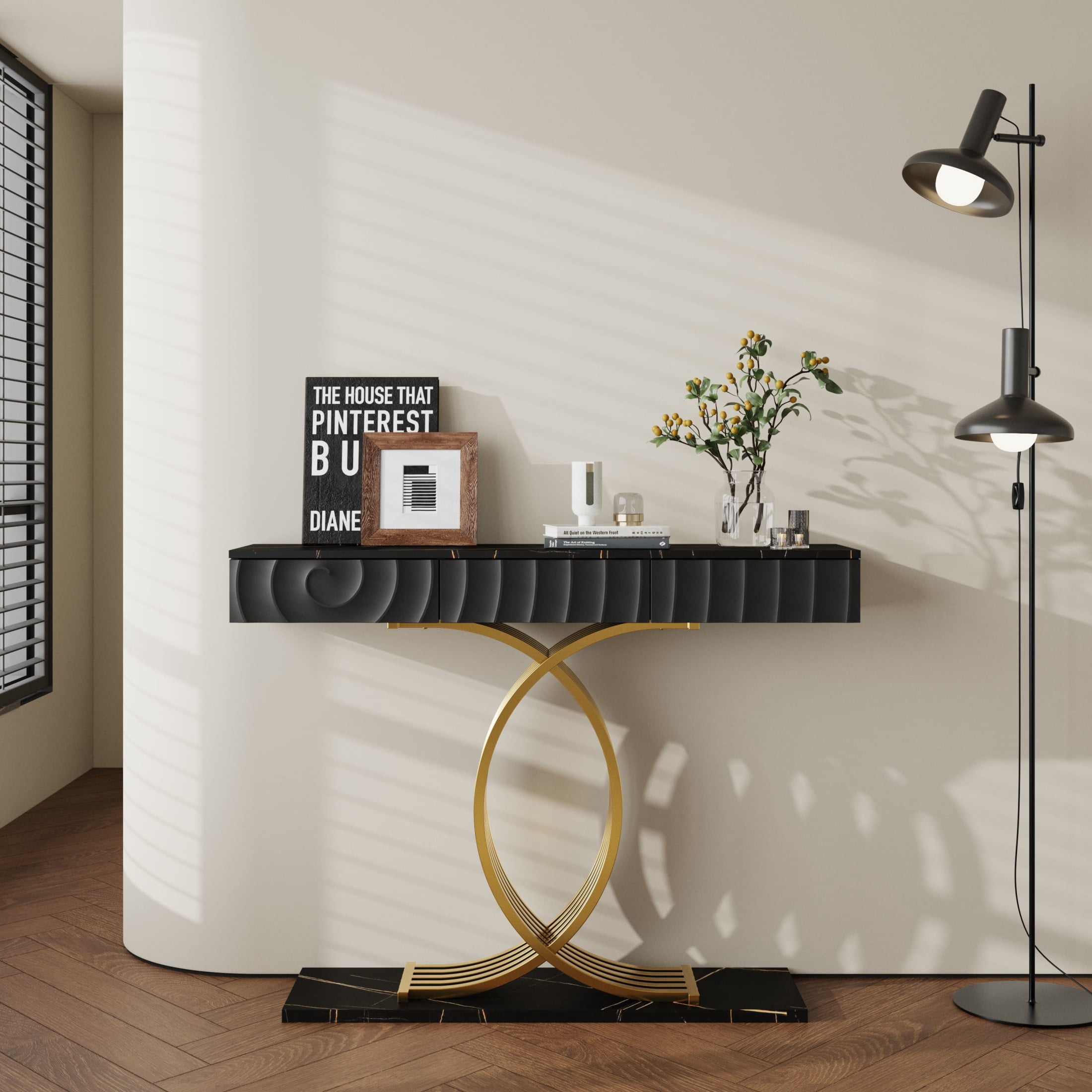 Noble House Arvion 47.3" Narrow Entryway Console Table with Storage Drawers & Geometric Metal Legs, Black & Gold