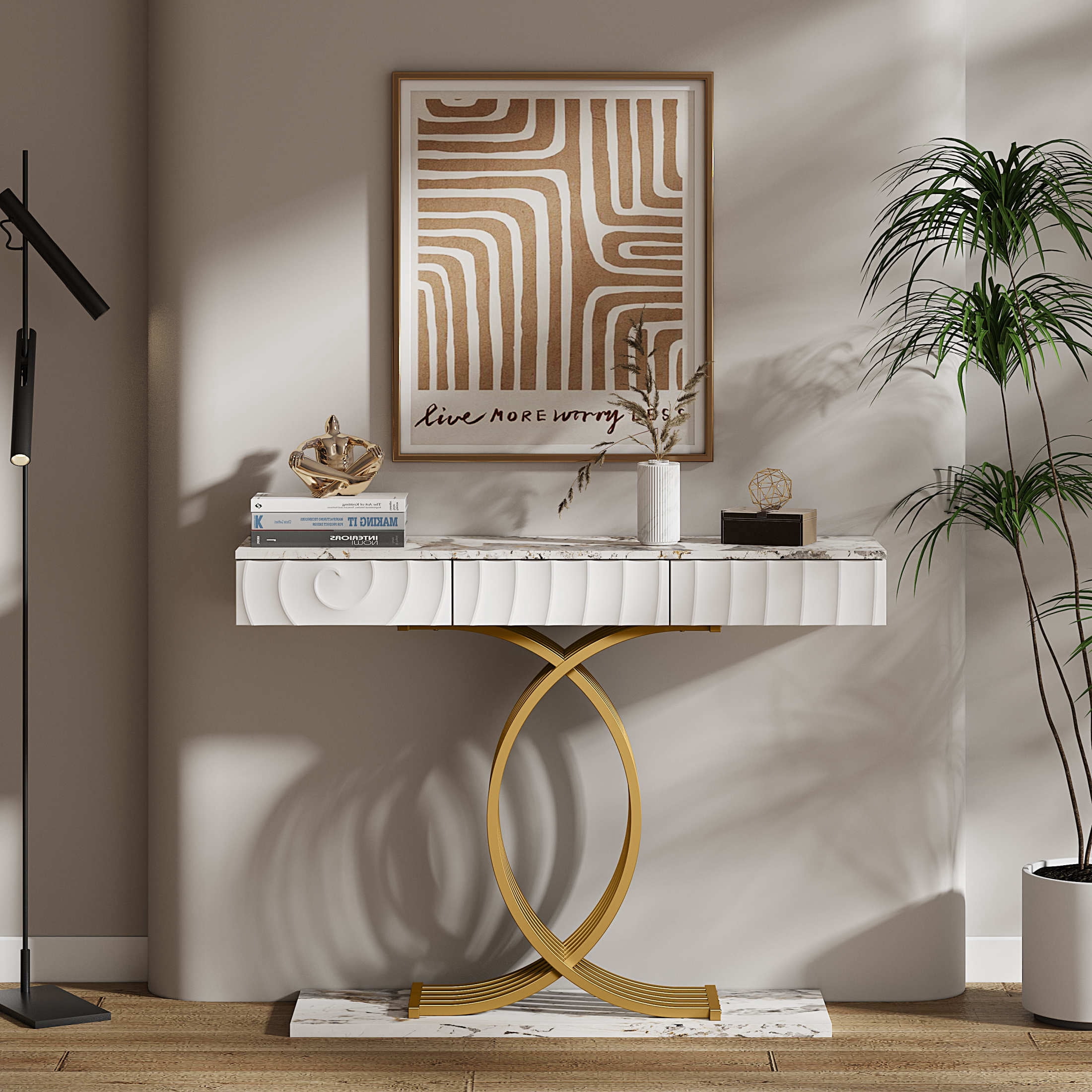 Noble House Arvion 47.3" Narrow Entryway Console Table with Storage Drawers & Geometric Metal Legs, White & Gold