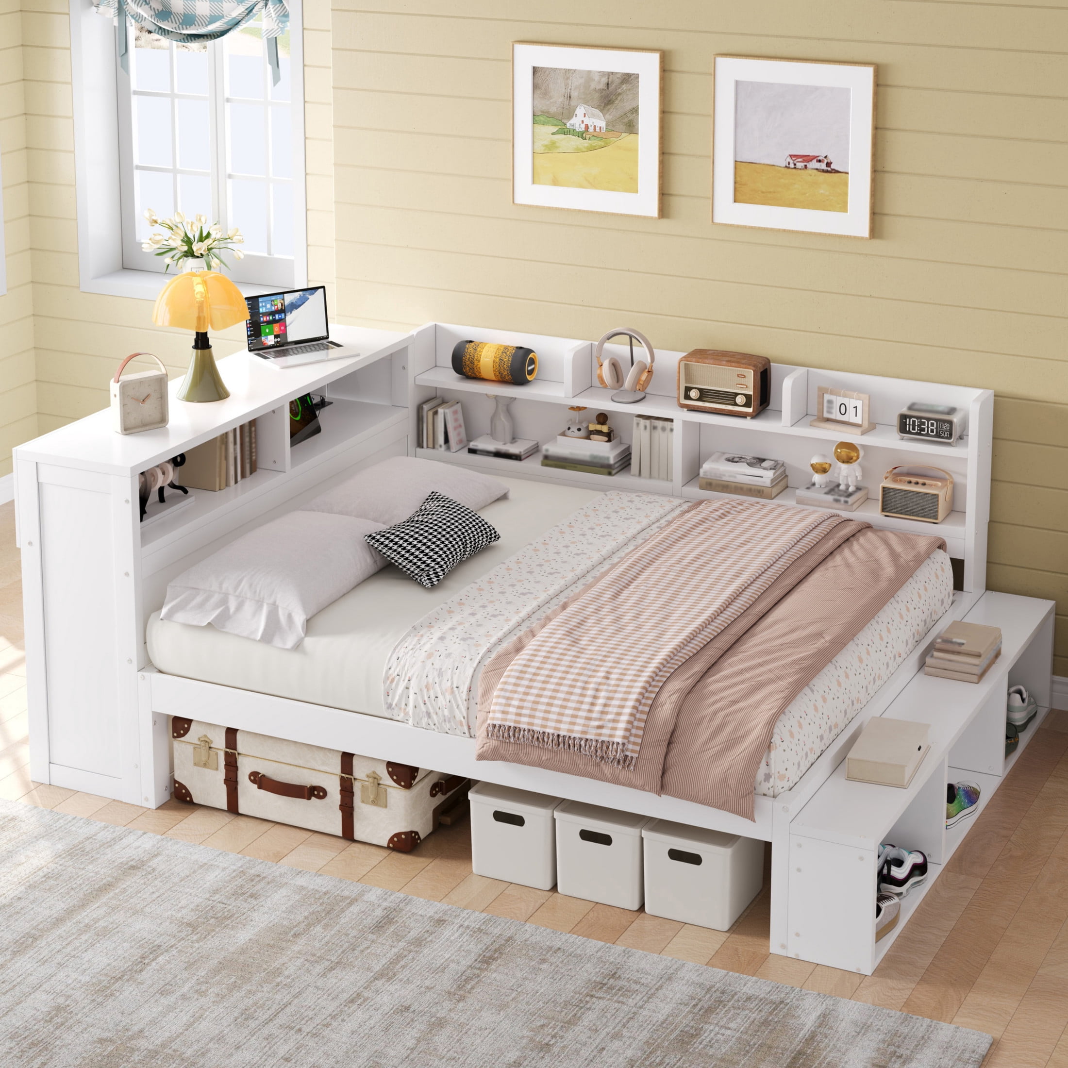 Noble House Arvion Full Size Wood Daybed with 7 Storage Cabinets, Built-in Shoe Rack and USB Charging Port, White