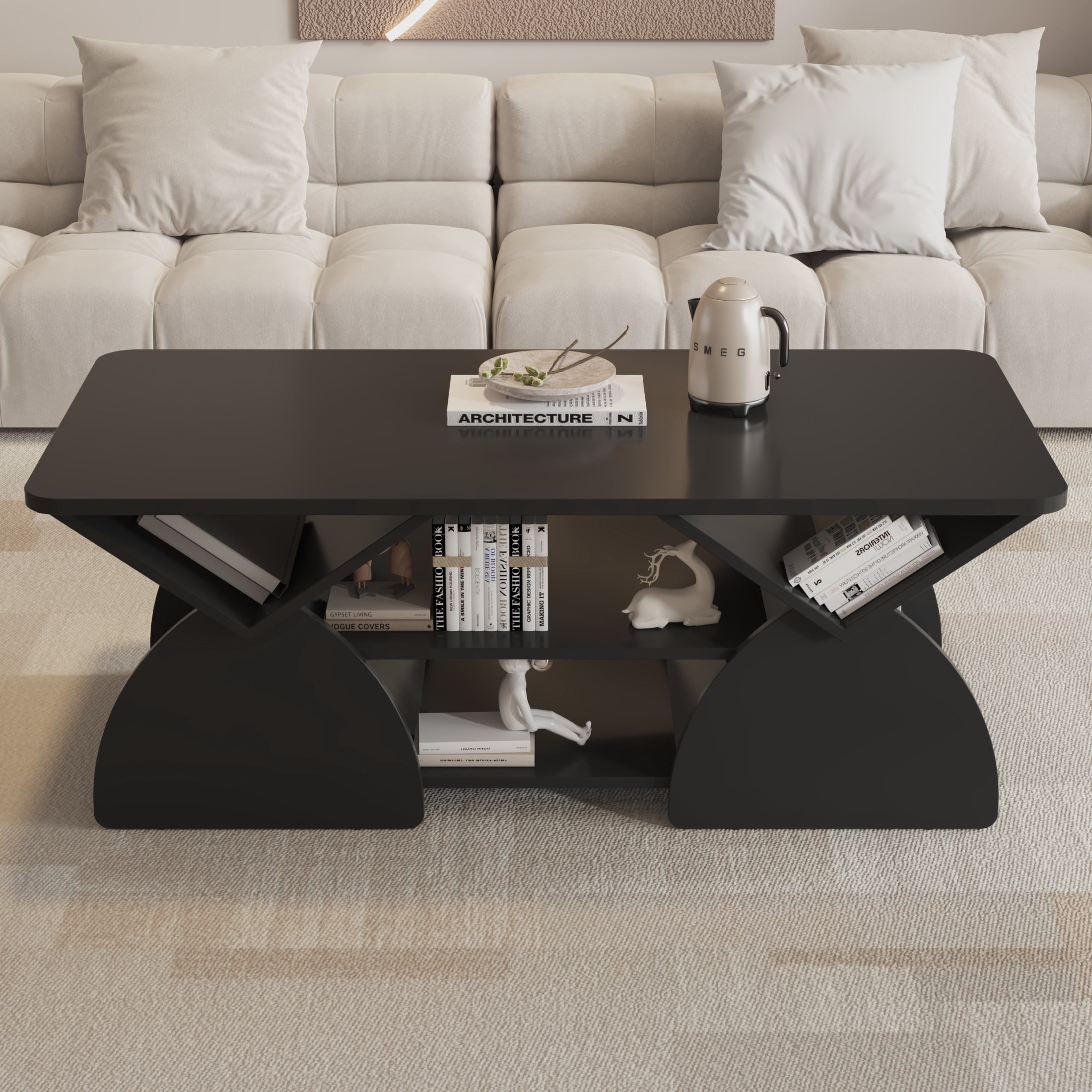 Noble House Arwick 47.24" Rectangular Coffee Table, Wooden Rounded Corners Tea Table, Geometric Open Shelves, Black