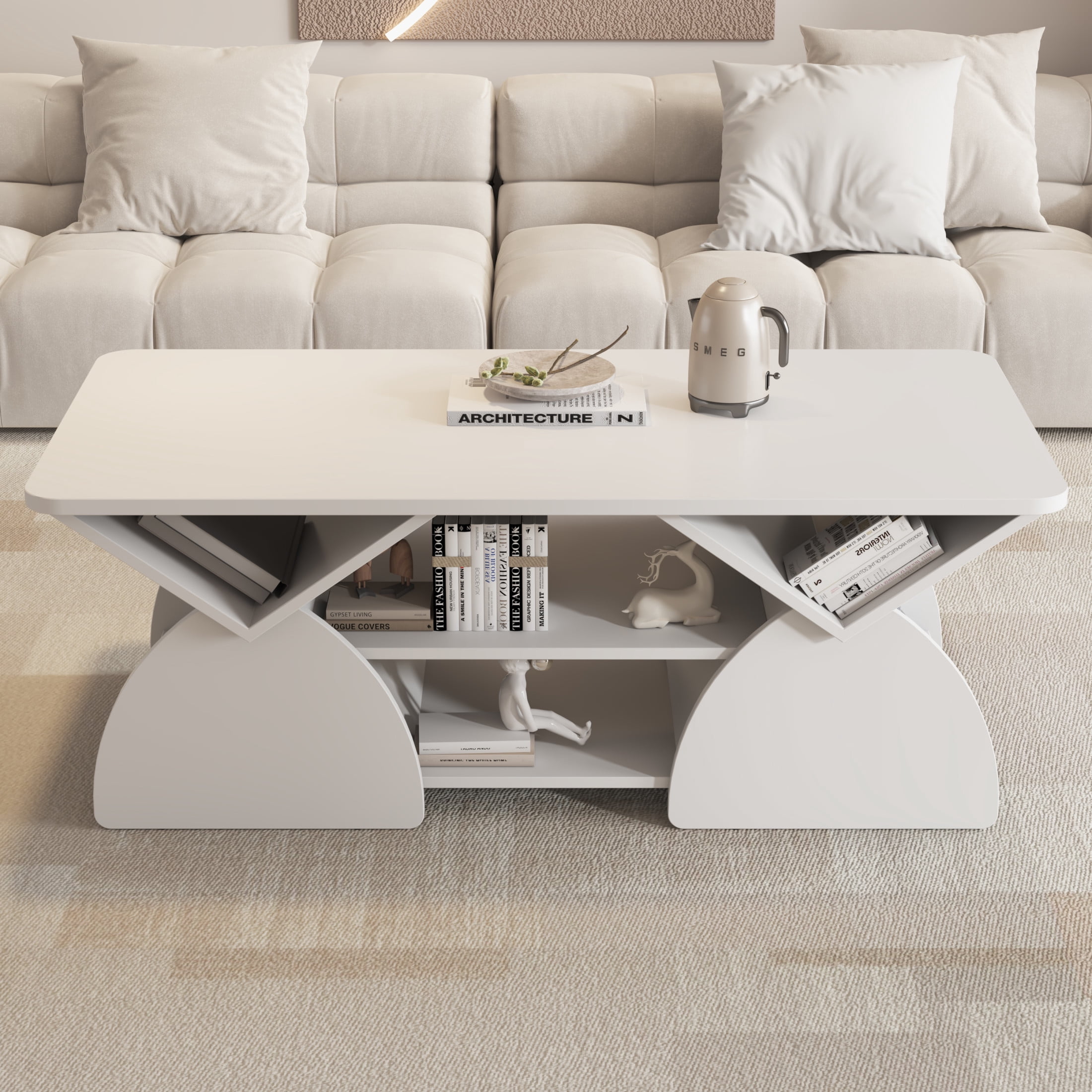 Noble House Arwick 47.24" Rectangular Coffee Table, Wooden Rounded Corners Tea Table, Geometric Open Shelves, White