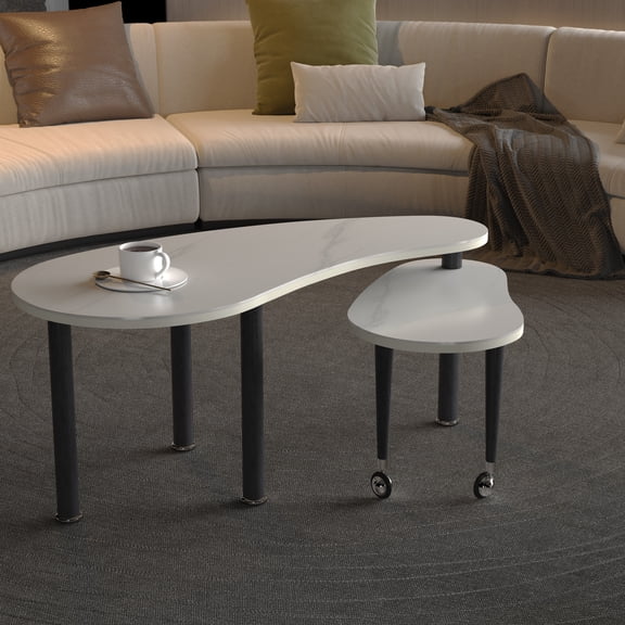 Noble House Ash 47" Rotating Nesting Coffee Table, Sintered Stone Top, Solid Rubberwood Legs, 360 Rotating, White