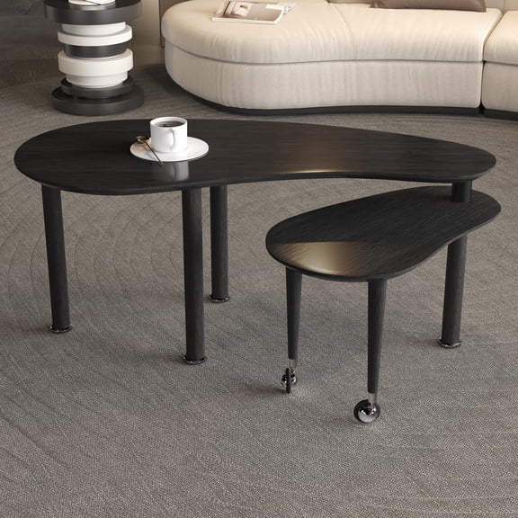 Noble House Ash 47" Rotating Nesting Coffee Table, Wooden Top, Solid Rubberwood Legs, 360 Rotating, Black
