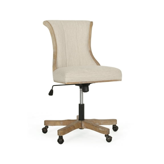 Noble House Ashlyn Fabric Roll Back Swivel Office Chair, Beige and Natural