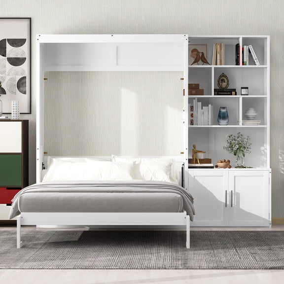 Noble House Ashlyn Full Size Murphy Bed with Multiple Storage Shelves and Cabinet, Wood Foldable Bed, White