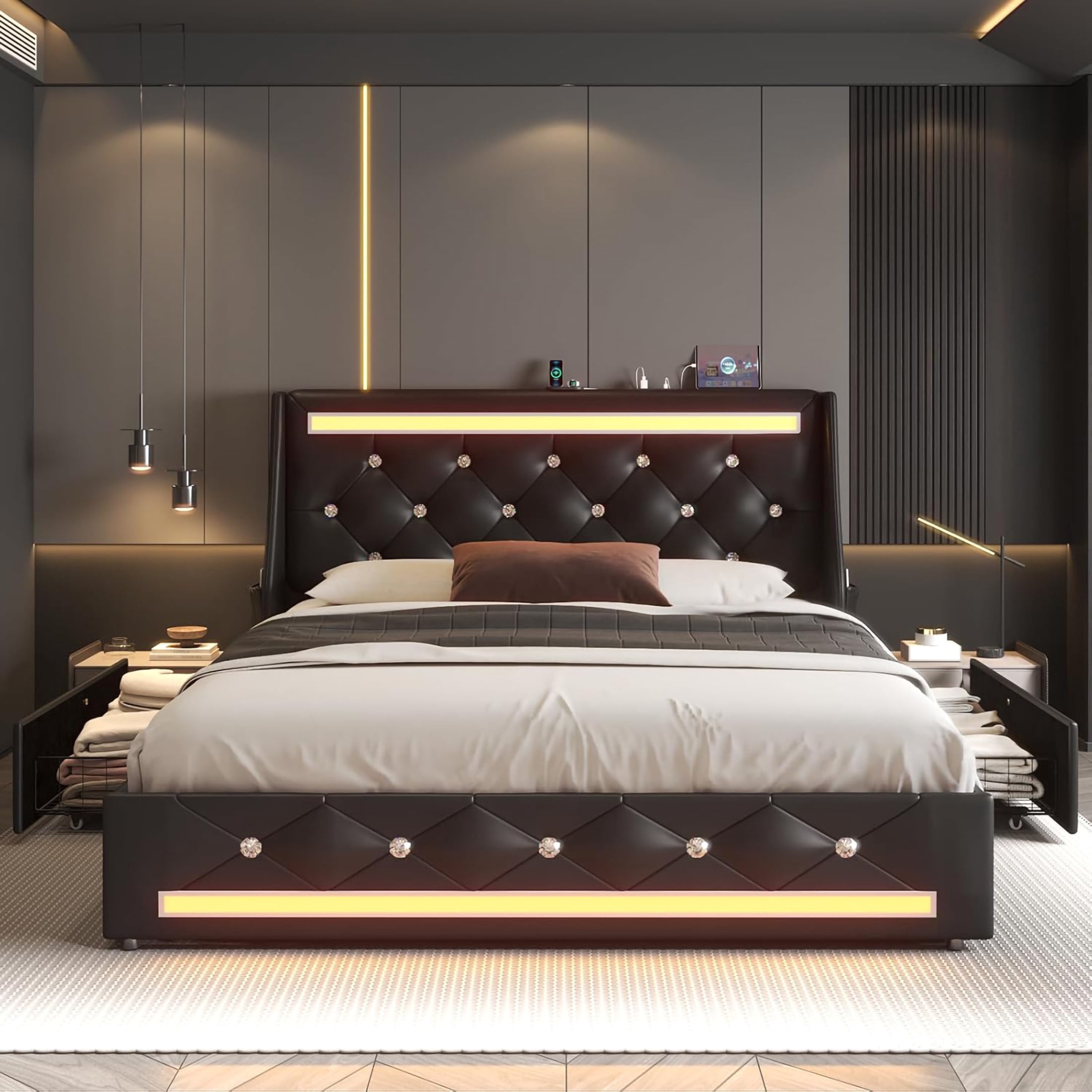 Noble House Ashrid Full Size Bed Frame with Charging Station, Storage Drawers & LED Lights, Metal Support, Black