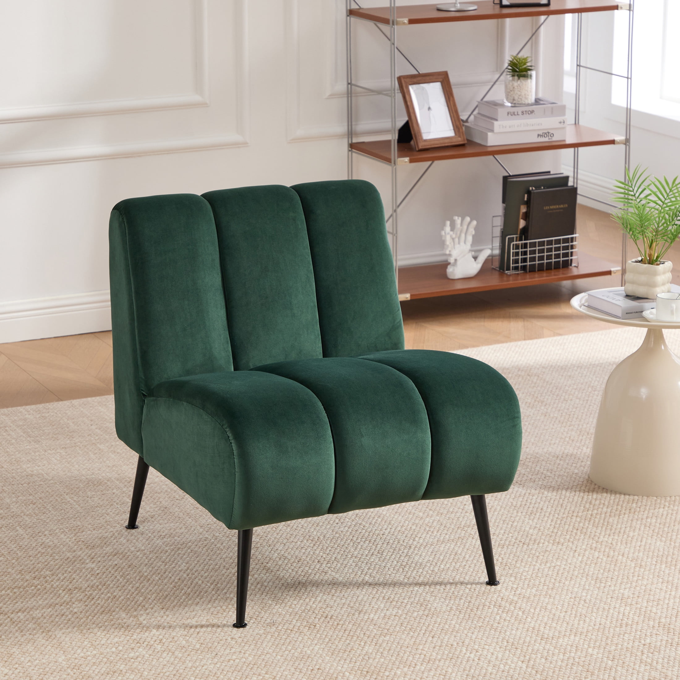 Noble House Ashton 24.4" Velvet Armless Accent Chair, Modern Upholstered Lounge Chair with Metal Legs, Green