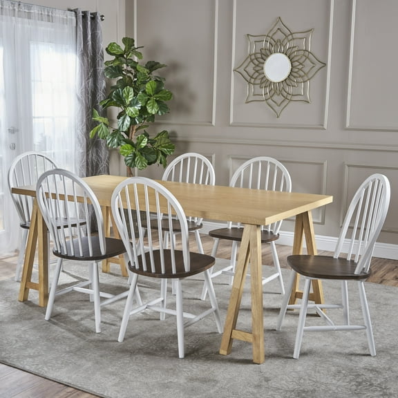 Noble House Ashton Farmhouse Cottage 7 Piece Oak Faux Wood Dining Set with Finished Rubberwood Chairs,White,Natural