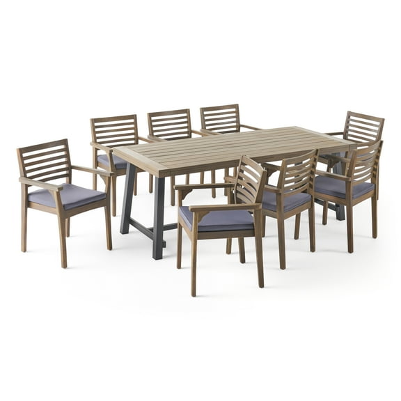 Noble House Atlantic 9 Piece Wooden Patio Dining Set in Gray and Black