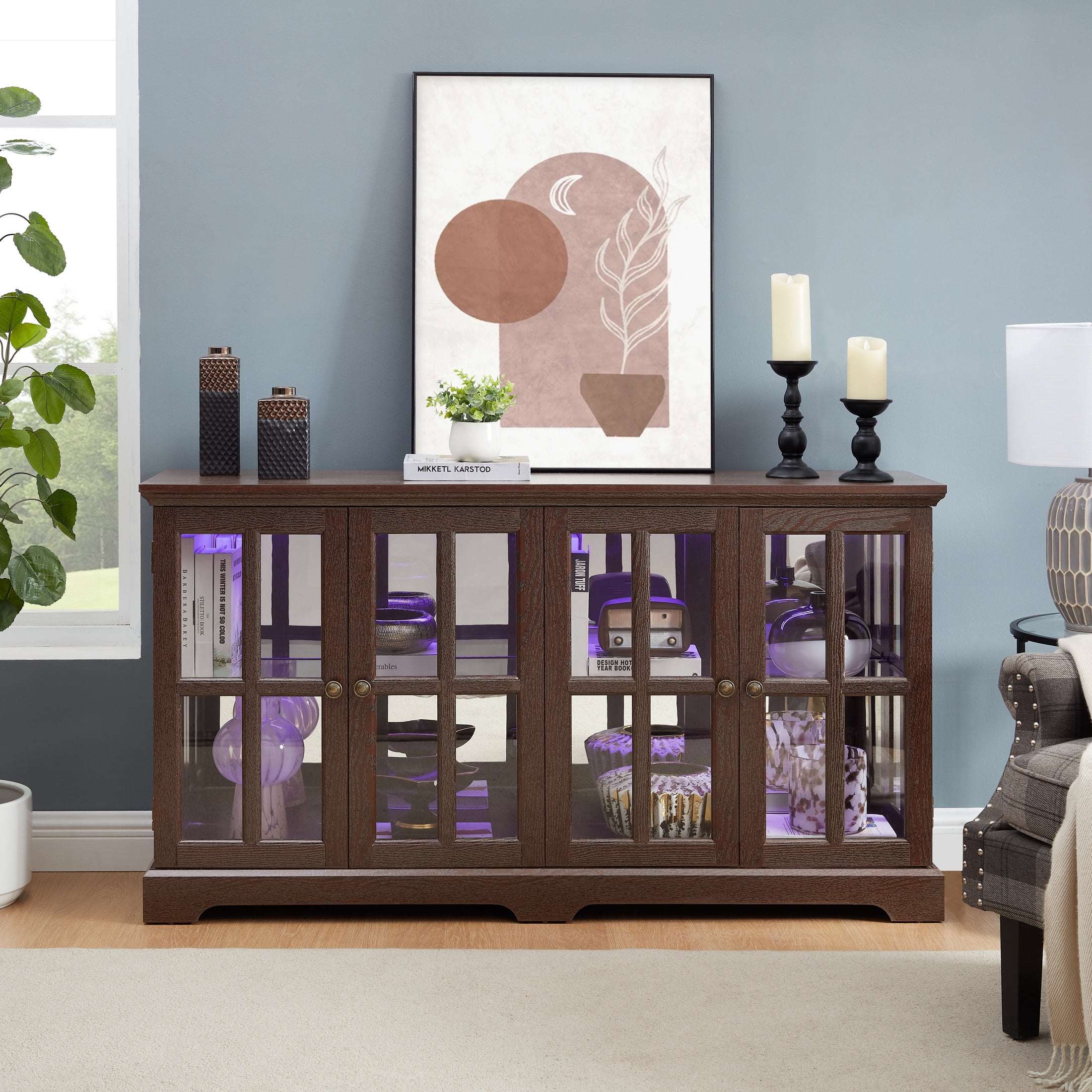 Noble House Auburn 59" LED Glass Display Cabinet, 4-Door Antique Curio, Adjustable Shelves, Vintage Showcase, Cherry