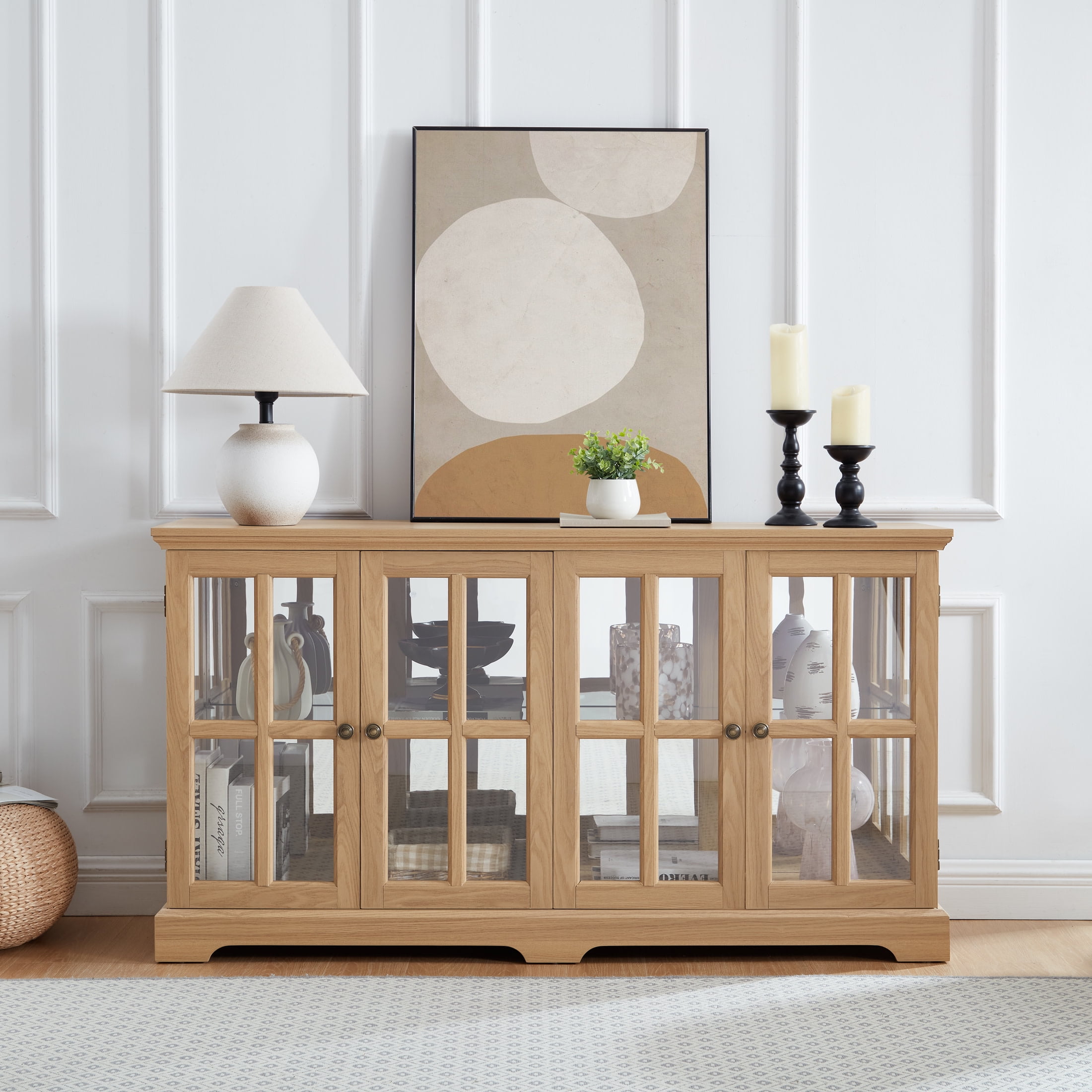 Noble House Auburn 59" LED Glass Display Cabinet, 4-Door Antique Curio, Adjustable Shelves, Vintage Showcase, Light Oak