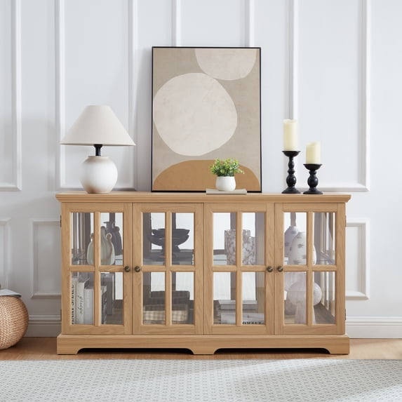 Noble House Auburn 59" LED Glass Display Cabinet, 4-Door Antique Curio, Adjustable Shelves, Vintage Showcase, Light Oak