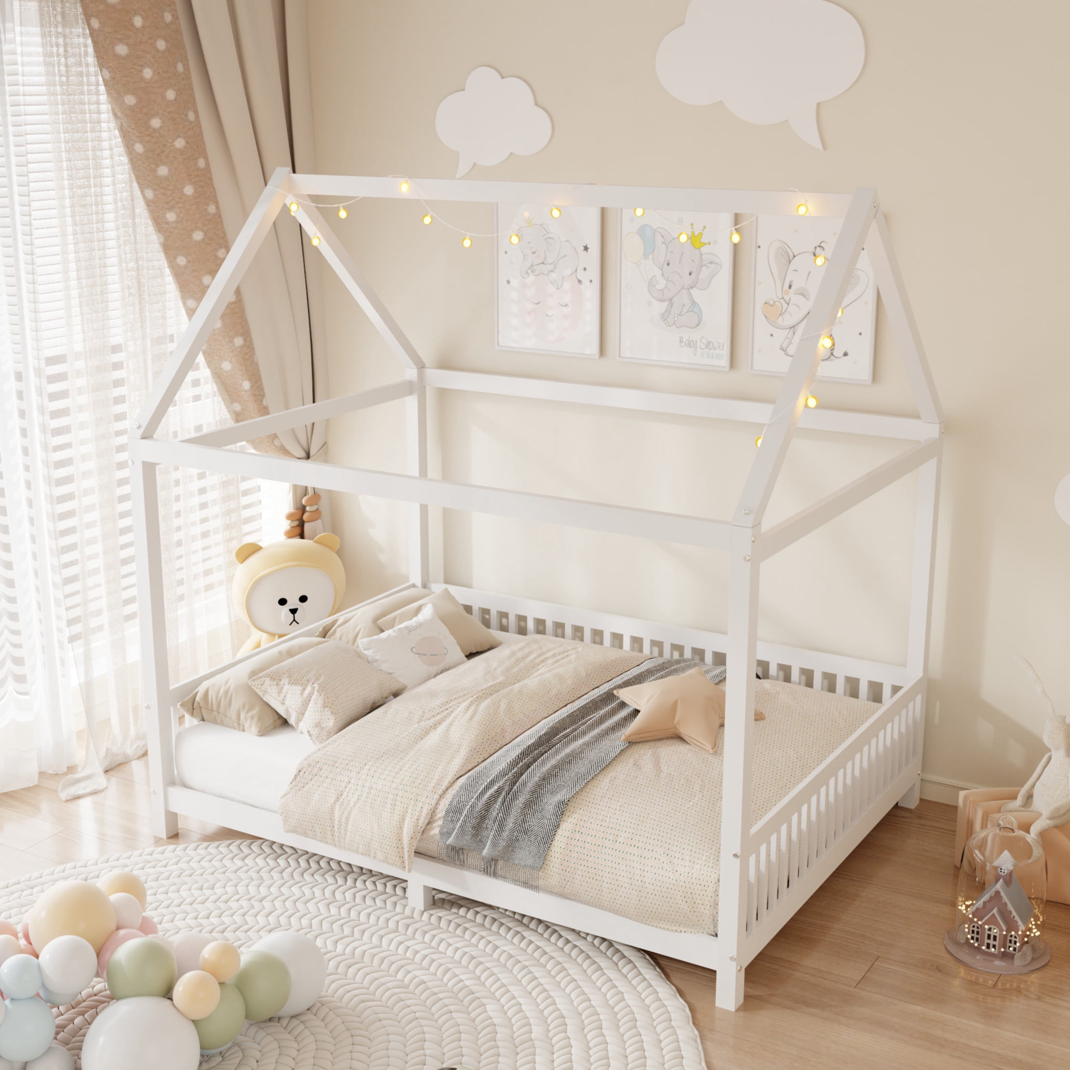 Noble House Auburn Full Size Wood House Bed with Integrated Guardrail and LED Lights, Sturdy 4-Poster Play Bed, White