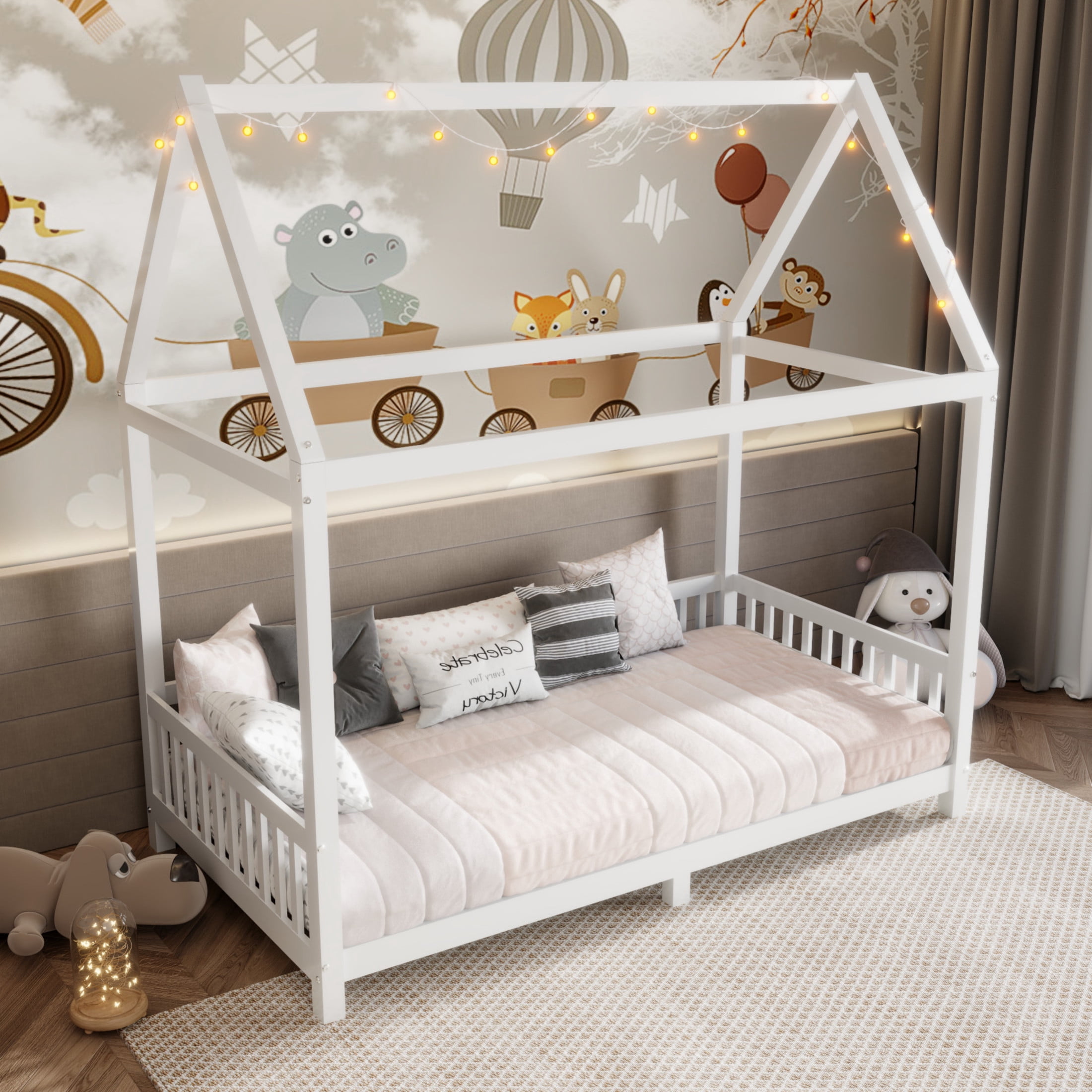Noble House Auburn Twin Size Wood House Bed with Integrated Guardrail and LED Lights, Sturdy 4-Poster Play Bed, White