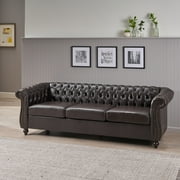 Noble House Augus 3 Seater Button Tufted Sofa, Brown, Dark Brown