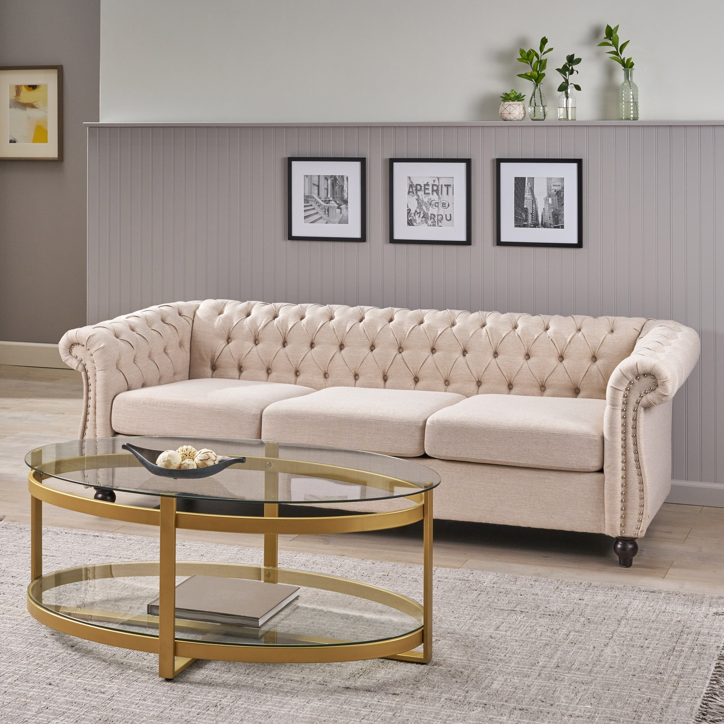 Noble House Augus Fabric Tufted 3 Seater Sofa, Beige, Dark Brown