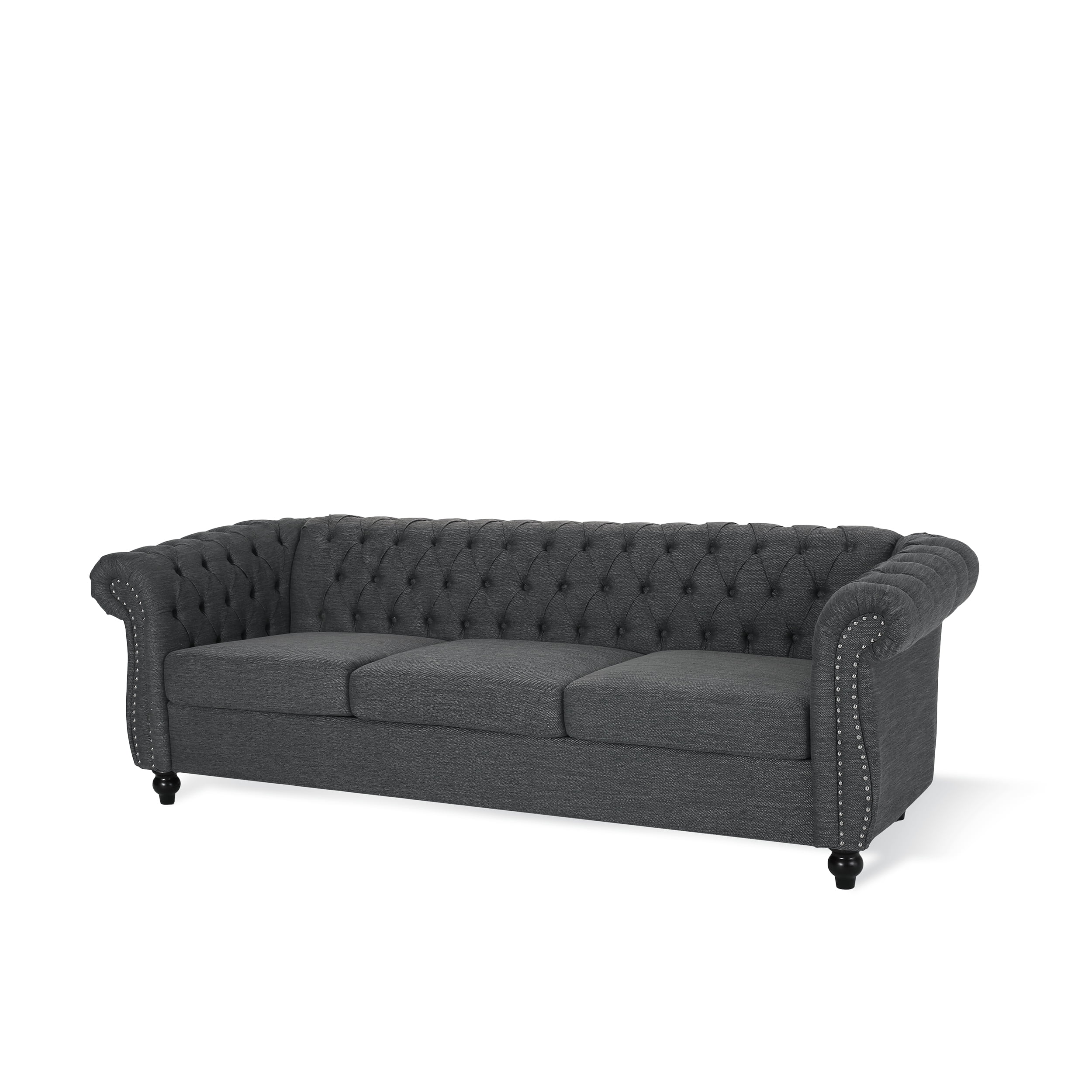 Noble House Augus Fabric Tufted 3 Seater Sofa, Charcoal, Dark Brown