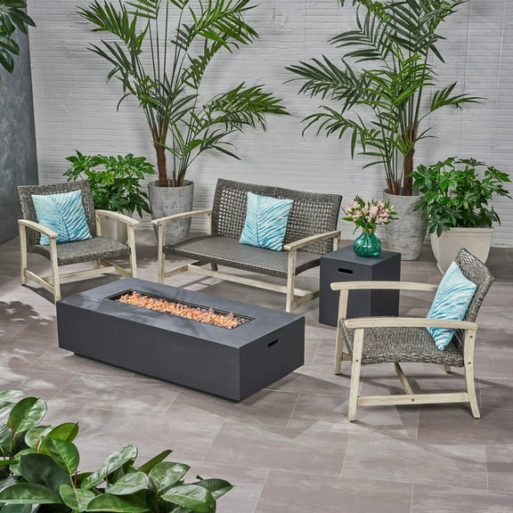Noble House Augusta Outdoor 5 Piece Wicker Chat Set with Fire Pit Black
