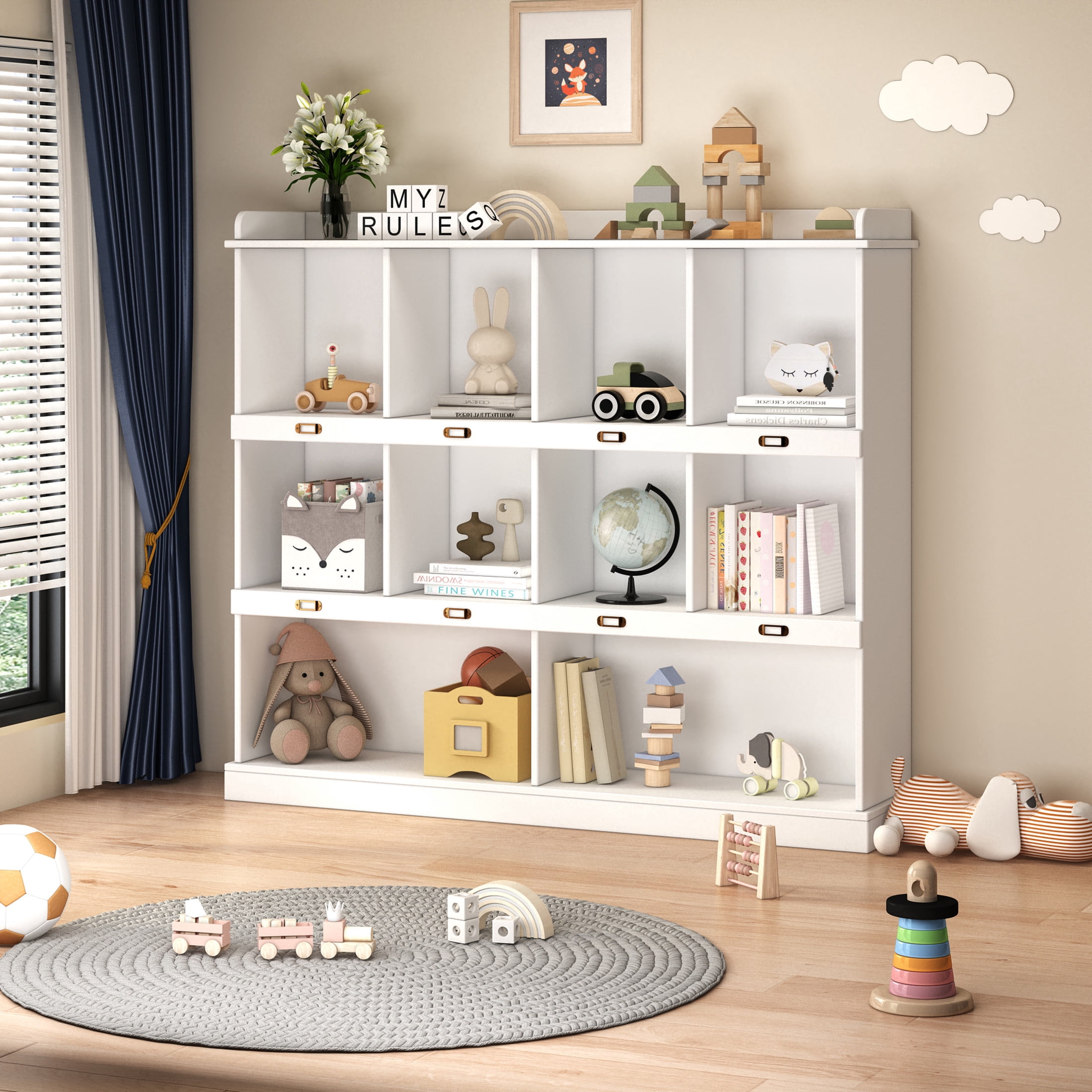 Noble House Aven 53" Modern 10-Shelf Bookcase, Melamine Wooden Base, Label-Ready Cubbies, Contemporary Bookshelf, White